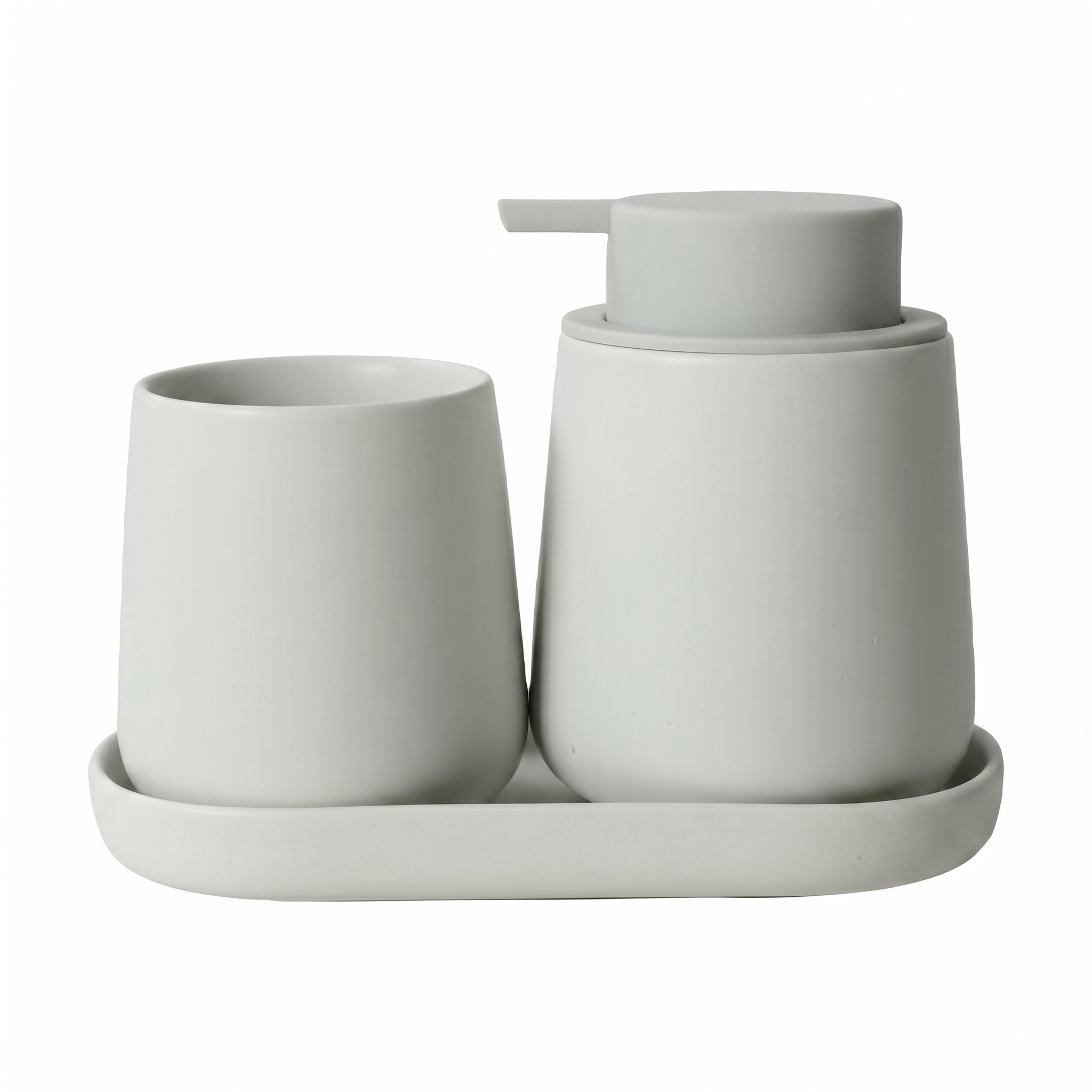 BosilunLife 3-piece liquid bathroom organisation set in a monochromatic seafoam grey finish, crafted from GRS-certified recycled ceramic eco-clay. The ensemble features an organic, rounded liquid soap dispenser with a matching wide-head matte pump, a coordinating tumbler, and a stable vanity tray. This 'Restorative Minimalism' design reflects Scandinavian functionality and a commitment to a sustainable circular economy, providing a sophisticated and cohesive storage solution for a modern washroom.