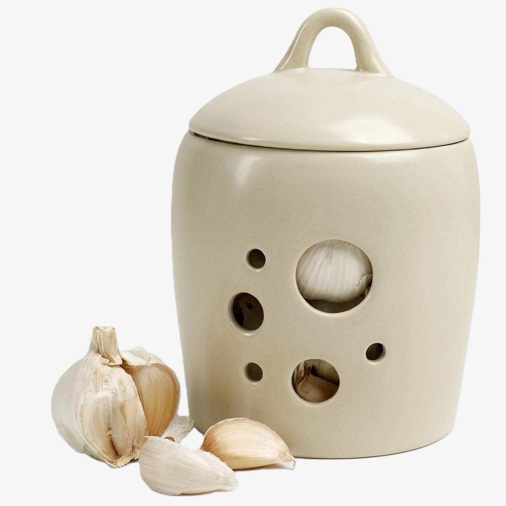 BosilunLife ceramic garlic jar in a smooth, cool beige recycled eco-clay. The light-shielding keeper features a handled lid and circular breathable perforations revealing garlic inside. Styled next to a fresh garlic bulb and loose cloves against a seamless white background, showcasing elegant, odour-resistant grey kitchen worktop storage.