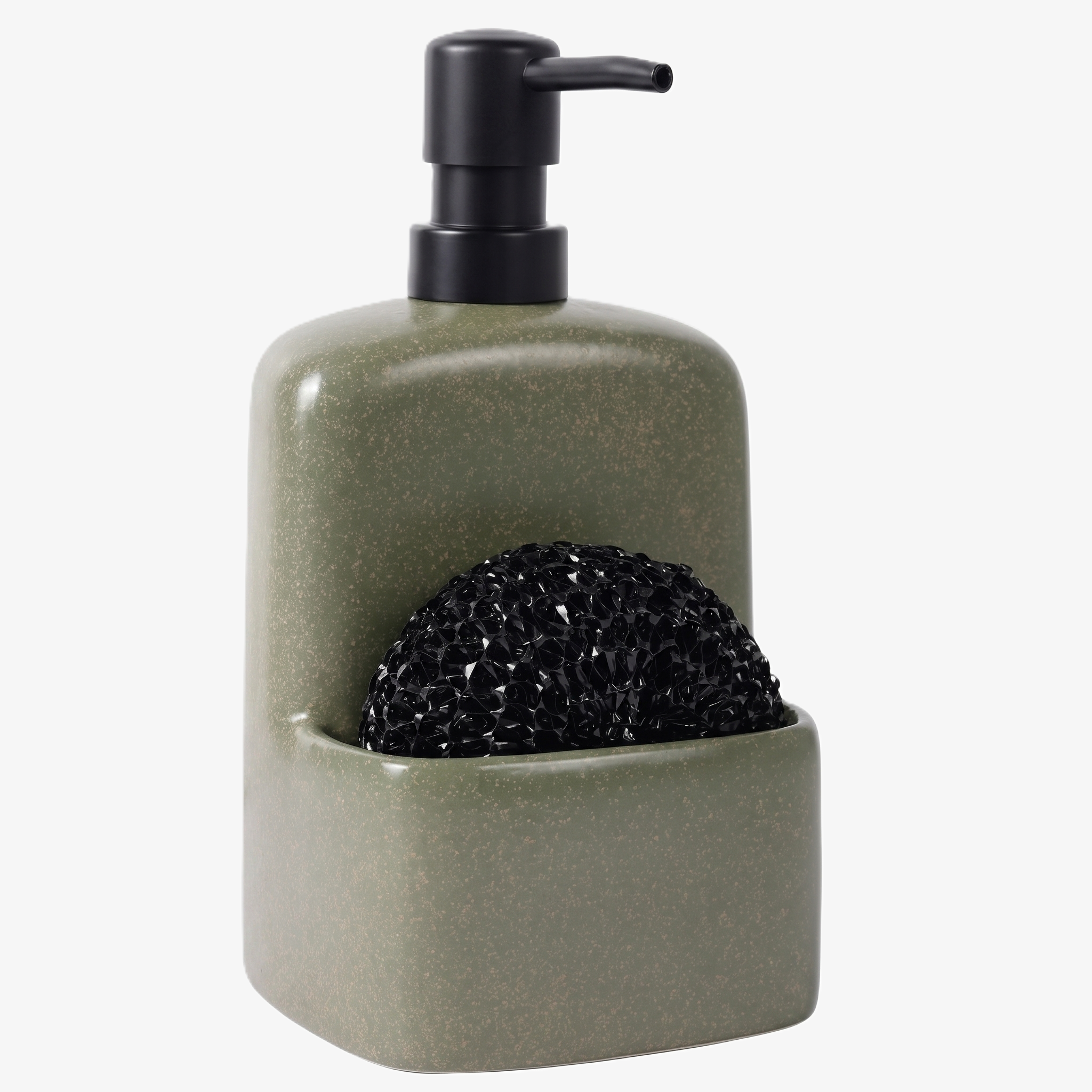 BosilunLife 2-in-1 kitchen soap dispenser and integrated sponge caddy in a speckled moss green finish. Crafted from sustainable recycled eco-clay, the sculptural ceramic vessel features a matte black pump and a built-in front holder containing a black mesh scouring pad. Shown against a clean white background, this space-saving kitchen sink organiser offers a nature-inspired, minimalist solution for tidy worktops.