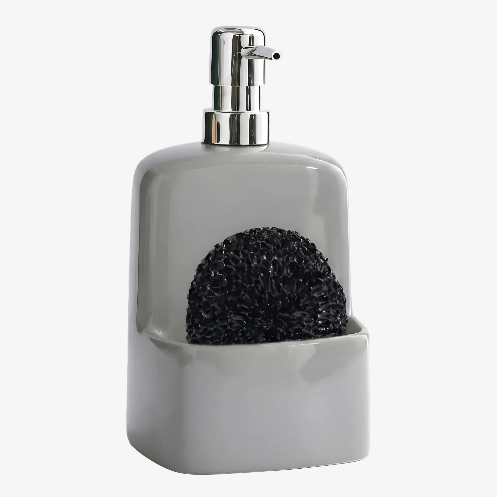 BosilunLife glossy cool grey 2-in-1 kitchen soap dispenser and integrated sponge caddy, crafted from recycled eco-clay. The minimalist ceramic organiser features a polished chrome-effect pump and a built-in front holder containing a black mesh scouring pad. Shown against a clean background, this sustainable sink tidy offers a sleek, space-saving organisation solution for modern kitchen worktops.