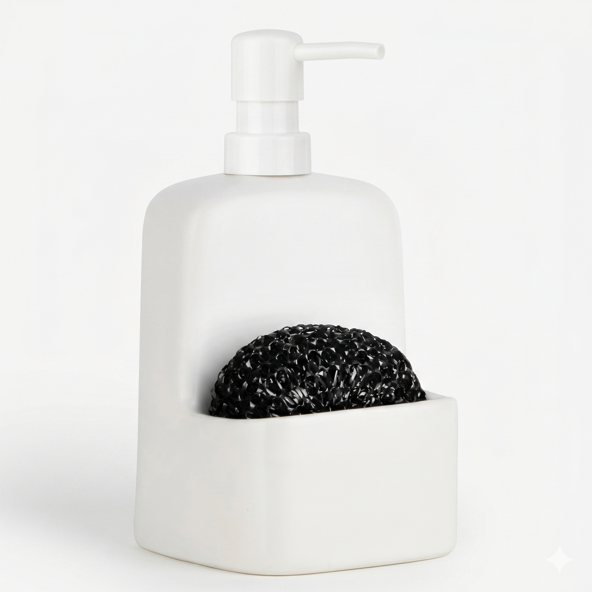 BosilunLife 2-in-1 kitchen soap dispenser and integrated sponge caddy in a matte white finish. Crafted from GRS-certified recycled eco-clay, the minimalist ceramic vessel features a matching white matte pump and a built-in front holder containing a black mesh scouring pad. Shown against a seamless white background, this sustainable sink tidy provides a sleek, space-saving organisation solution for modern kitchen worktops.