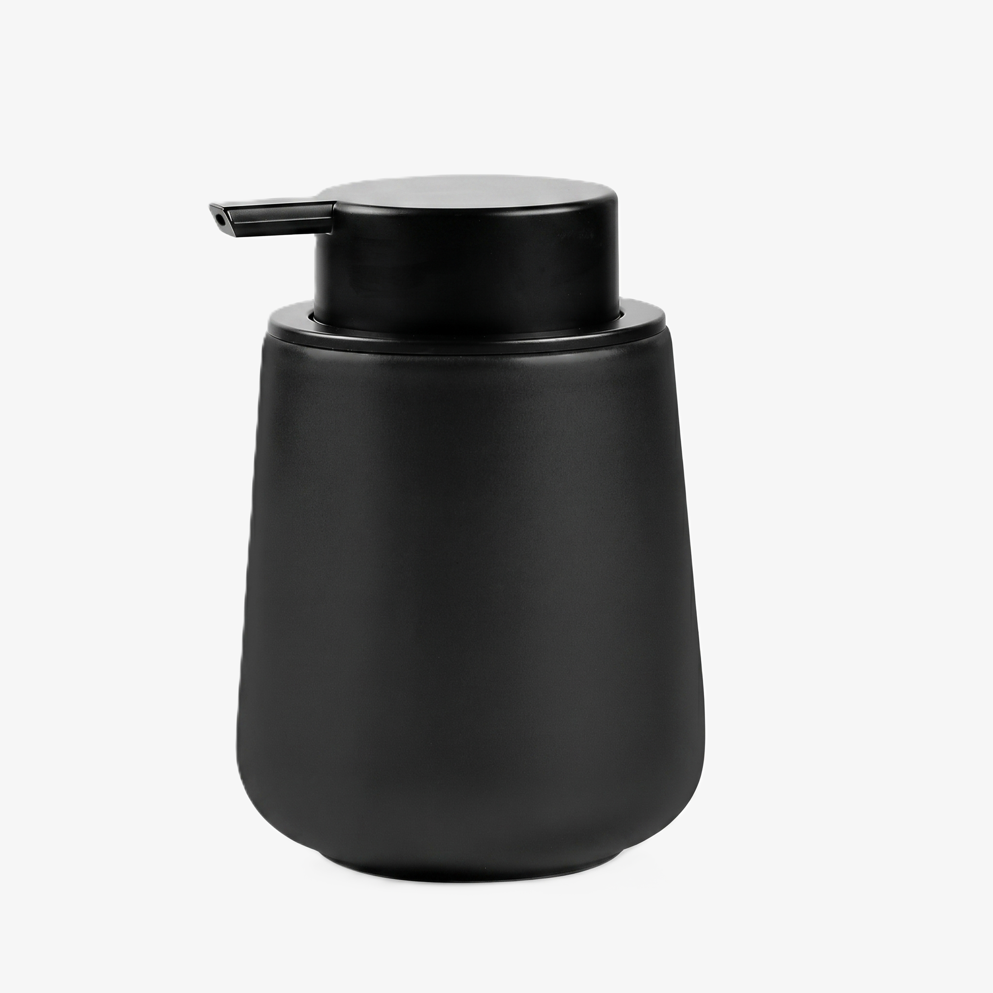 BosilunLife eco-luxury liquid soap dispenser in a sleek matte black finish, crafted from GRS-certified recycled ceramic eco-clay. The organic, rounded silhouette features a matching wide matte black pump and a 12 oz (350ml) capacity. This piece embodies Scandinavian functionality and the quiet balance of nature, providing a sustainable and sophisticated organisation solution for a mindful, circular economy.