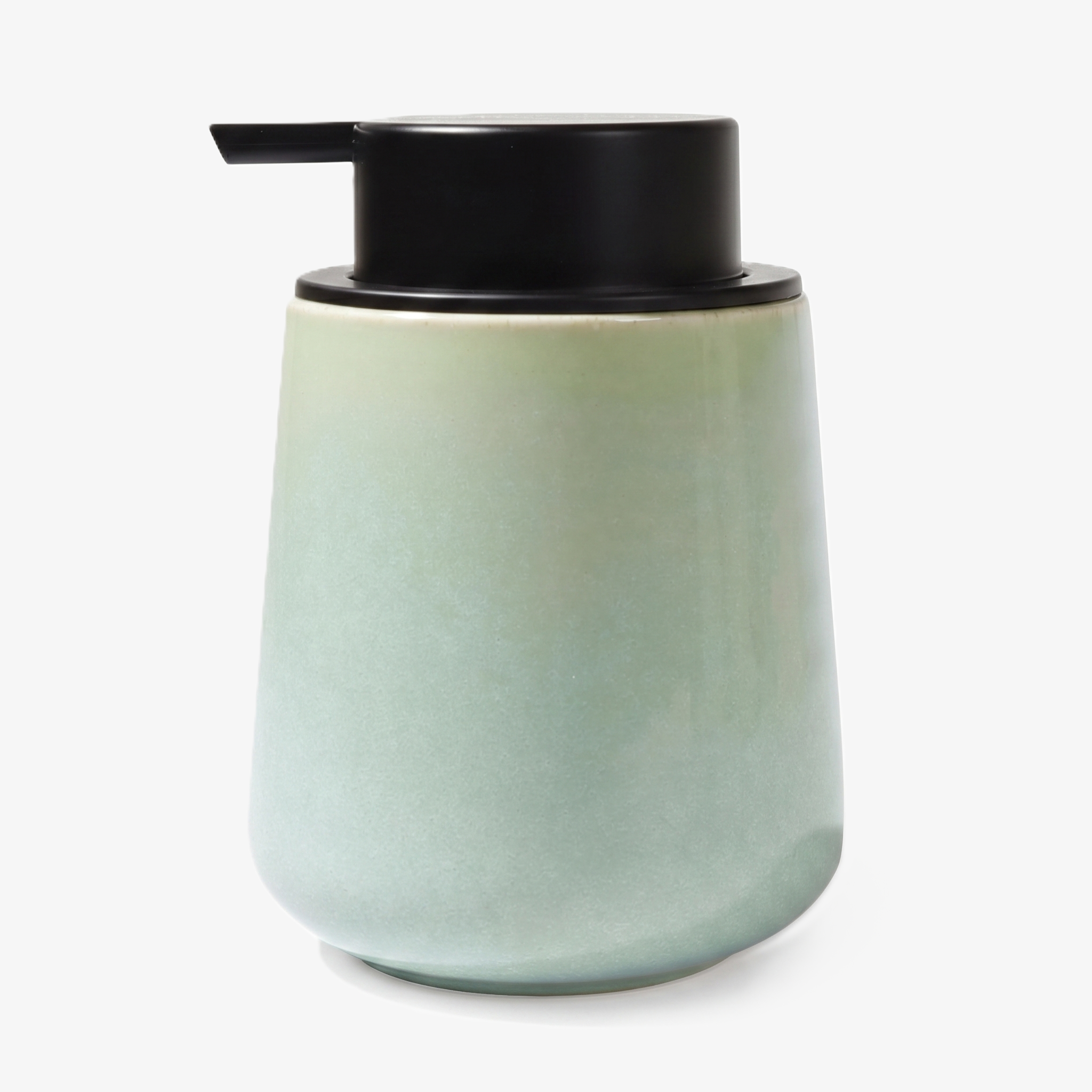 BosilunLife eco-luxury liquid soap dispenser in a soft seafoam green matte finish, crafted from GRS-certified recycled ceramic eco-clay. The organic, rounded vessel features a contrasting wide matte black pump and a 12 oz (350ml) capacity. This piece embodies Scandinavian functionality and the quiet balance of nature, providing a sustainable and sophisticated organisation solution for a mindful, circular economy.