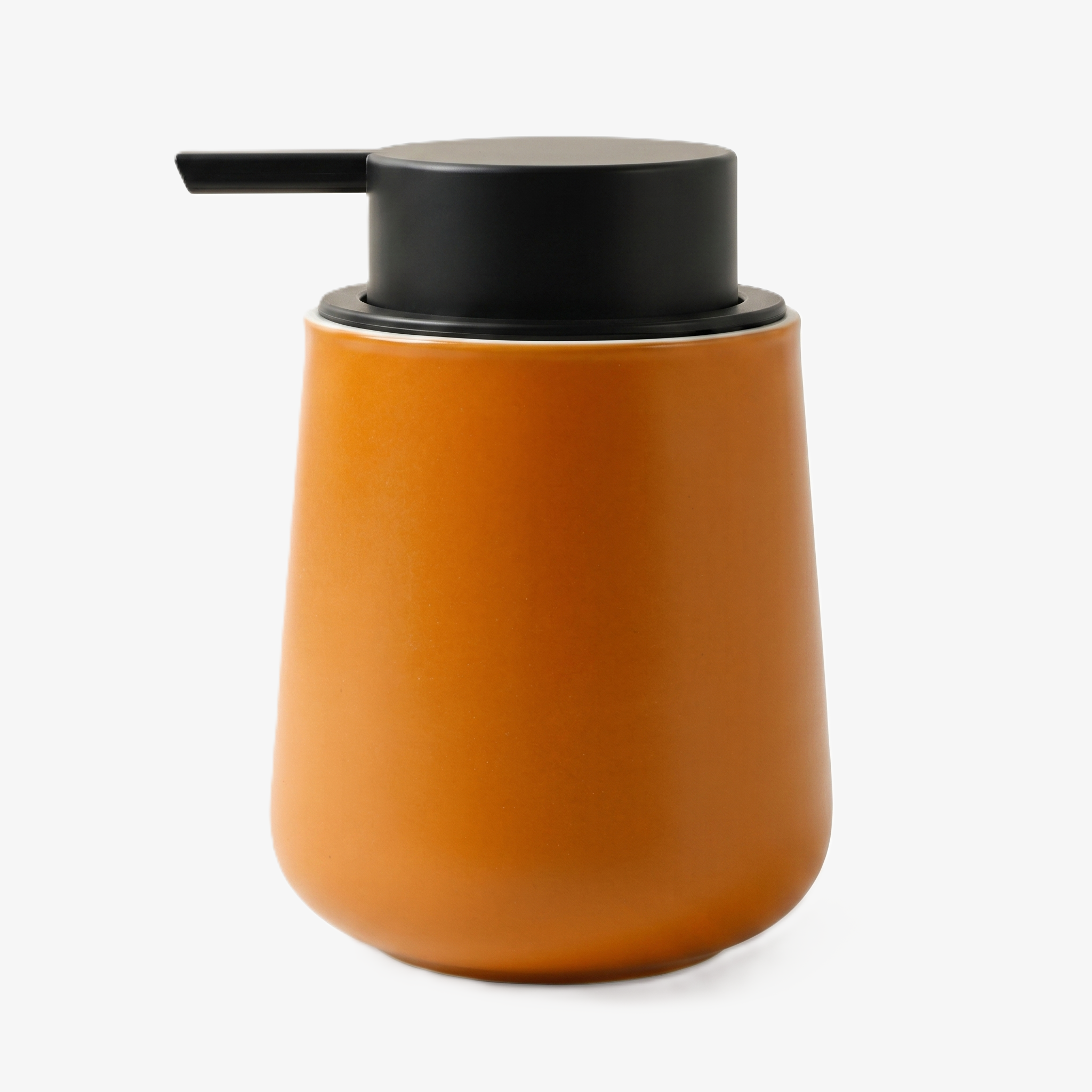 BosilunLife eco-luxury liquid soap dispenser in a matte burnt orange finish, crafted from GRS-certified recycled ceramic eco-clay. The organic, rounded silhouette features a wide matte black pump and a 12 oz (350ml) capacity. This piece embodies Scandinavian functionality and the quiet balance of nature, providing a sustainable and sophisticated organisation solution for a mindful, circular economy.