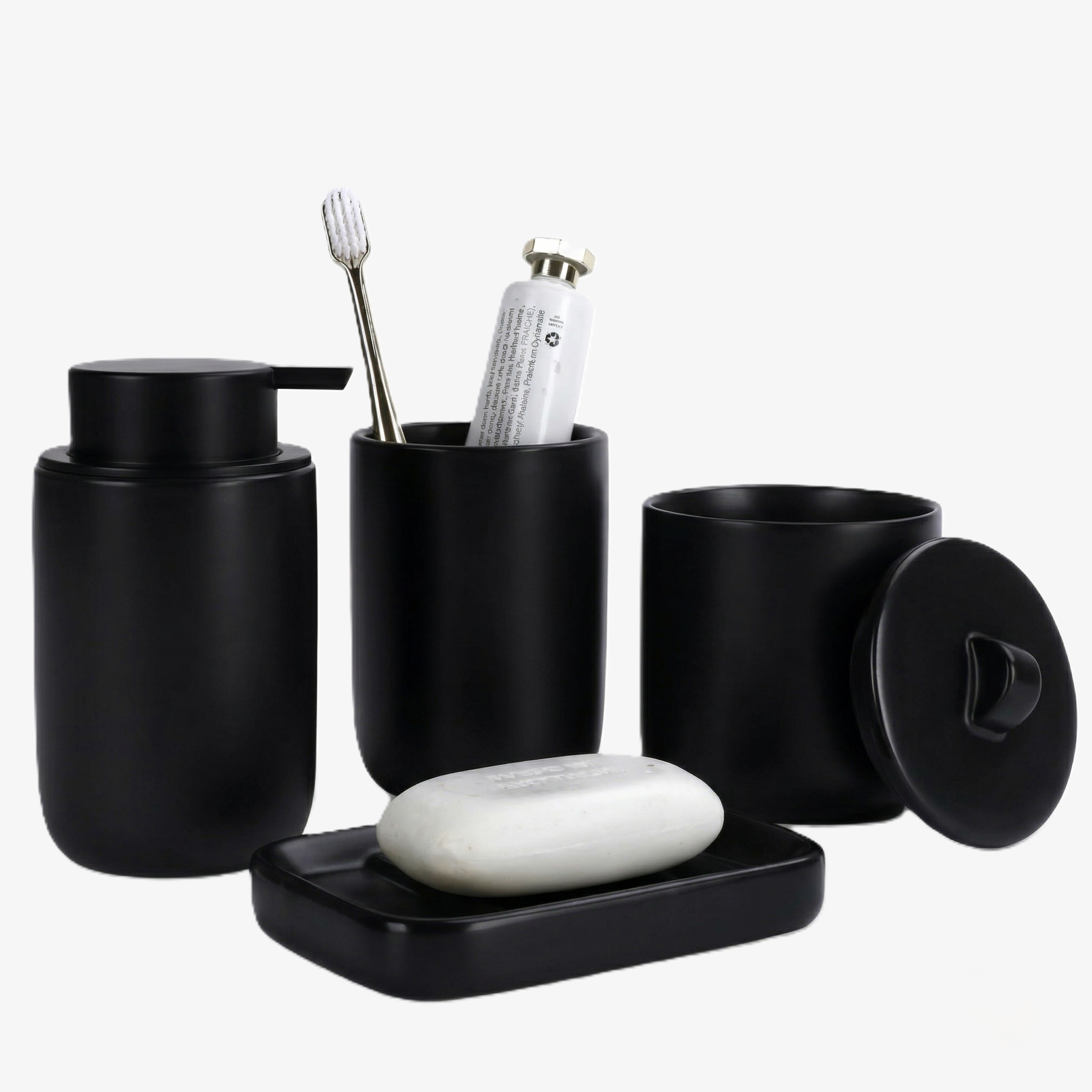 BosilunLife 4-piece matte black bathroom accessory set made from recycled eco-clay, featuring a soap dispenser, toothbrush holder, soap dish with bar soap, and apothecary jar.
