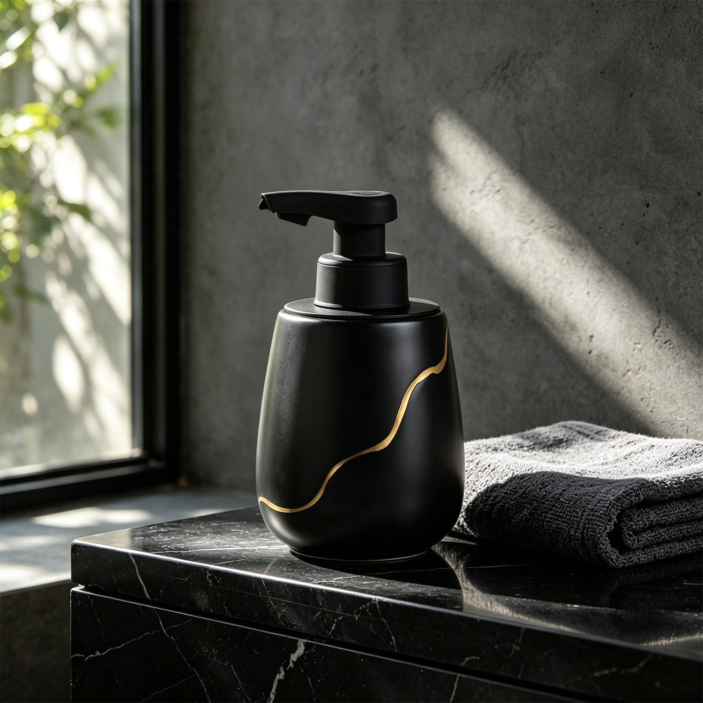 Lifestyle view of a hand receiving foam from the 17 oz BosilunLife matte black and gold touchless soap dispenser. The recycled eco-clay automatic pump is styled on a white stone block on a modern bathroom vanity alongside an electric toothbrush and green plant.