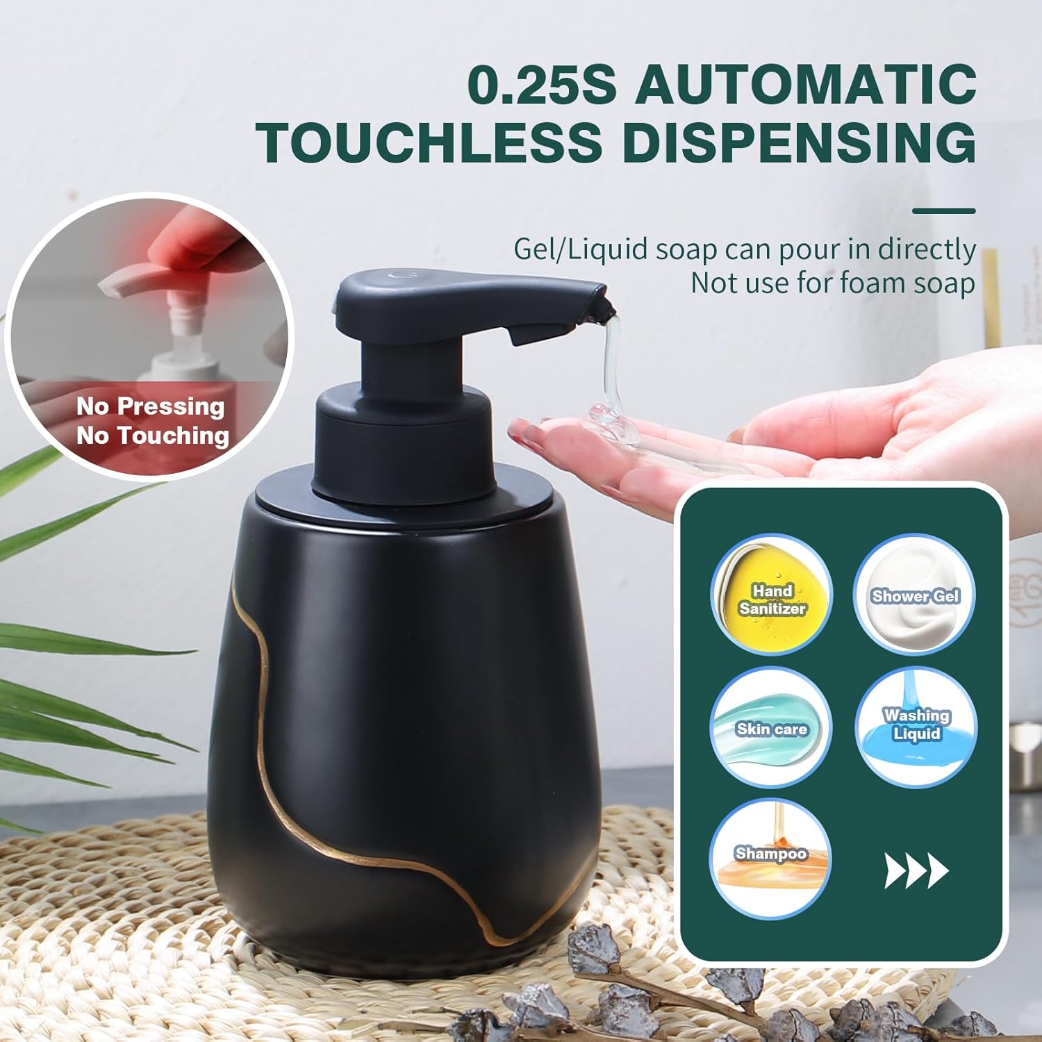 Infographic for the BosilunLife 17 oz automatic soap dispenser showing 0.25-second touchless dispensing. The diagram confirms compatibility with hand sanitizer, shower gel, skincare, washing liquid, and shampoo, while noting it is not for foam soap.