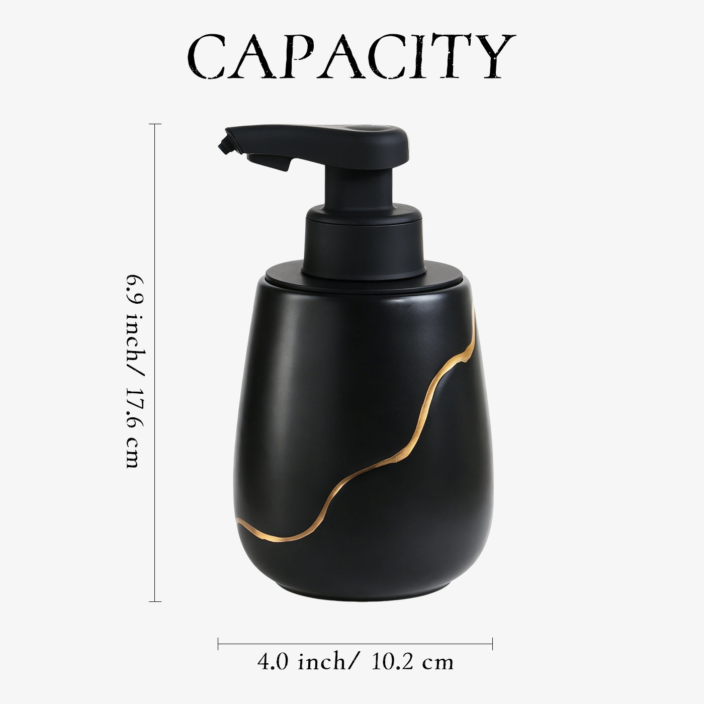 Capacity and dimensions diagram for the white and gold BosilunLife Nordic Garden automatic foaming soap dispenser. The 17oz (500ml) recycled eco-clay bottle measures 6.96 inches tall by 4.09 inches wide, including a usage warning to fill to 80% to avoid overfilling.