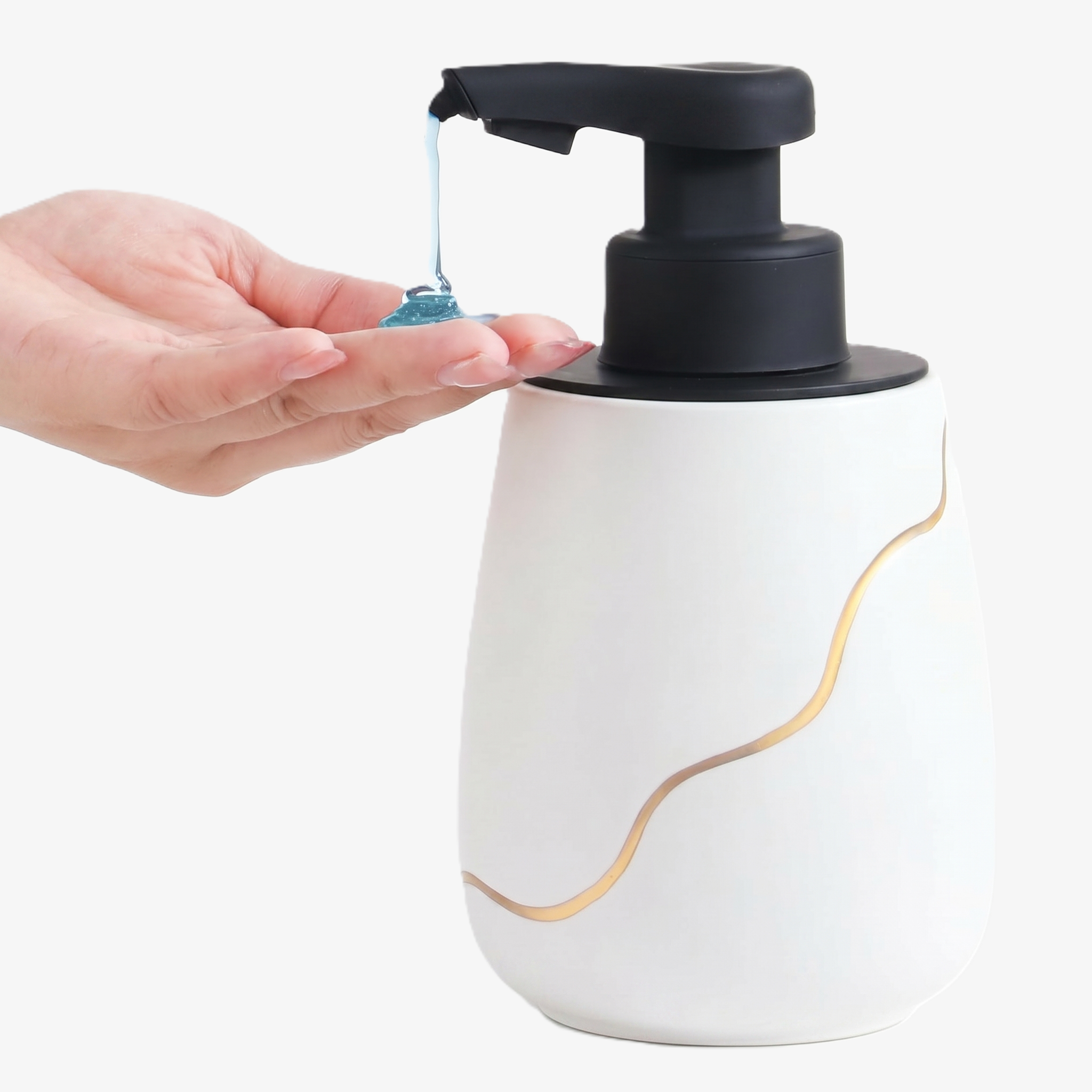 BosilunLife Nordic Garden 17 oz automatic liquid soap dispenser made of recycled eco-clay, featuring a white minimalist design with a gold wave accent and black pump.