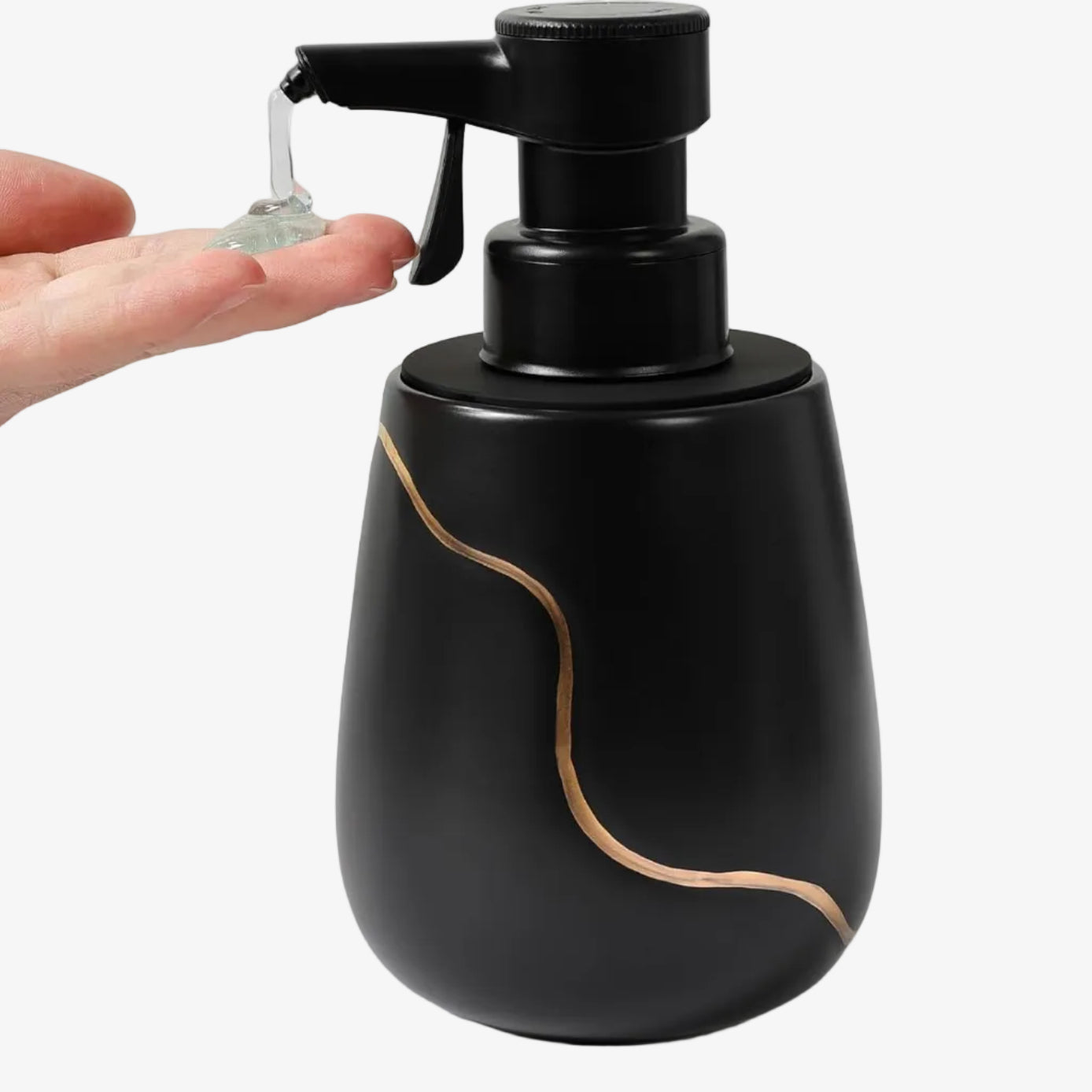 A hand receiving clear gel soap from the 18.9 oz BosilunLife Nordic Garden semi-automatic liquid dispenser, featuring a matte black recycled eco-clay body with an elegant gold wave design and a manual smooth-press pump.