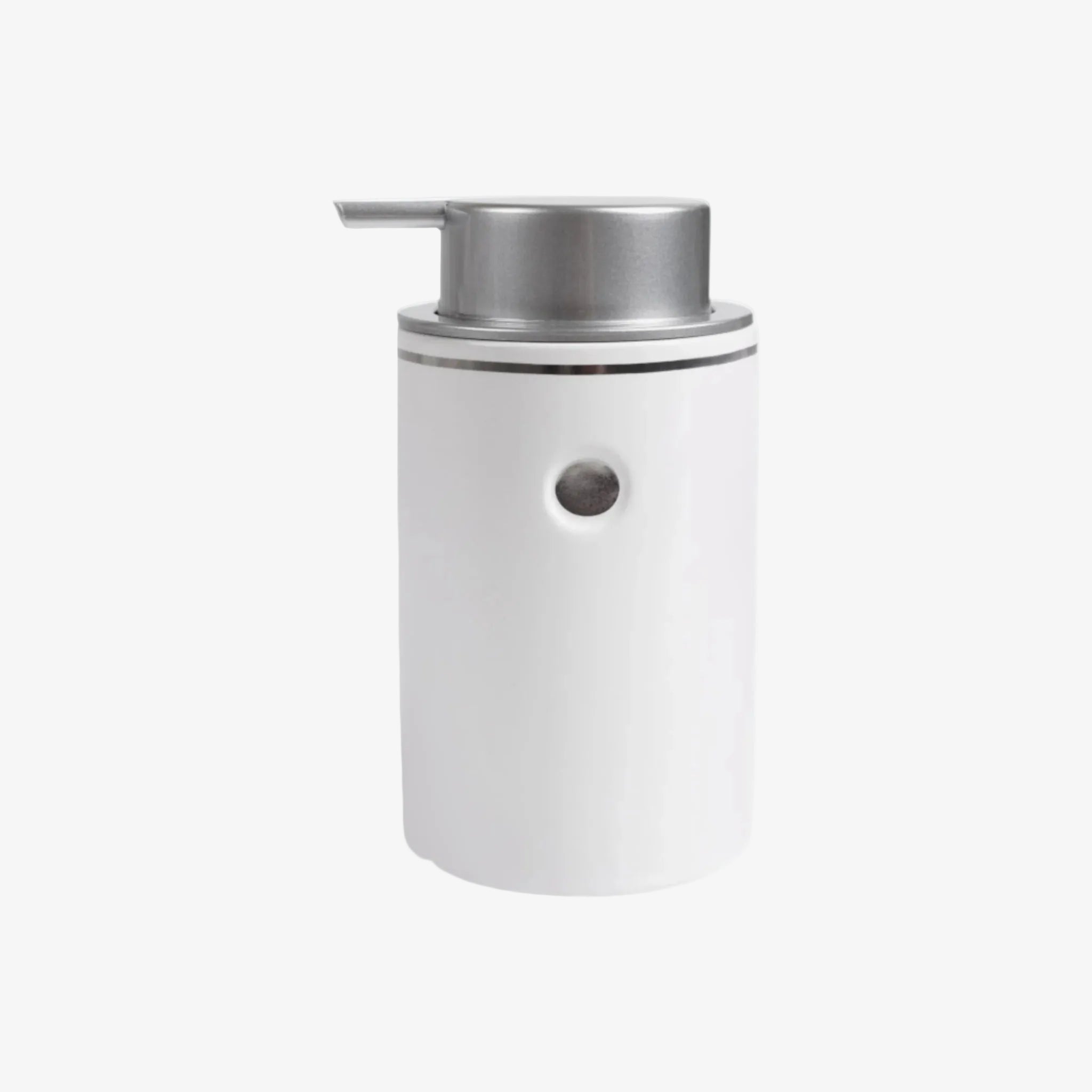 White soap dispenser with silver pump on a white background