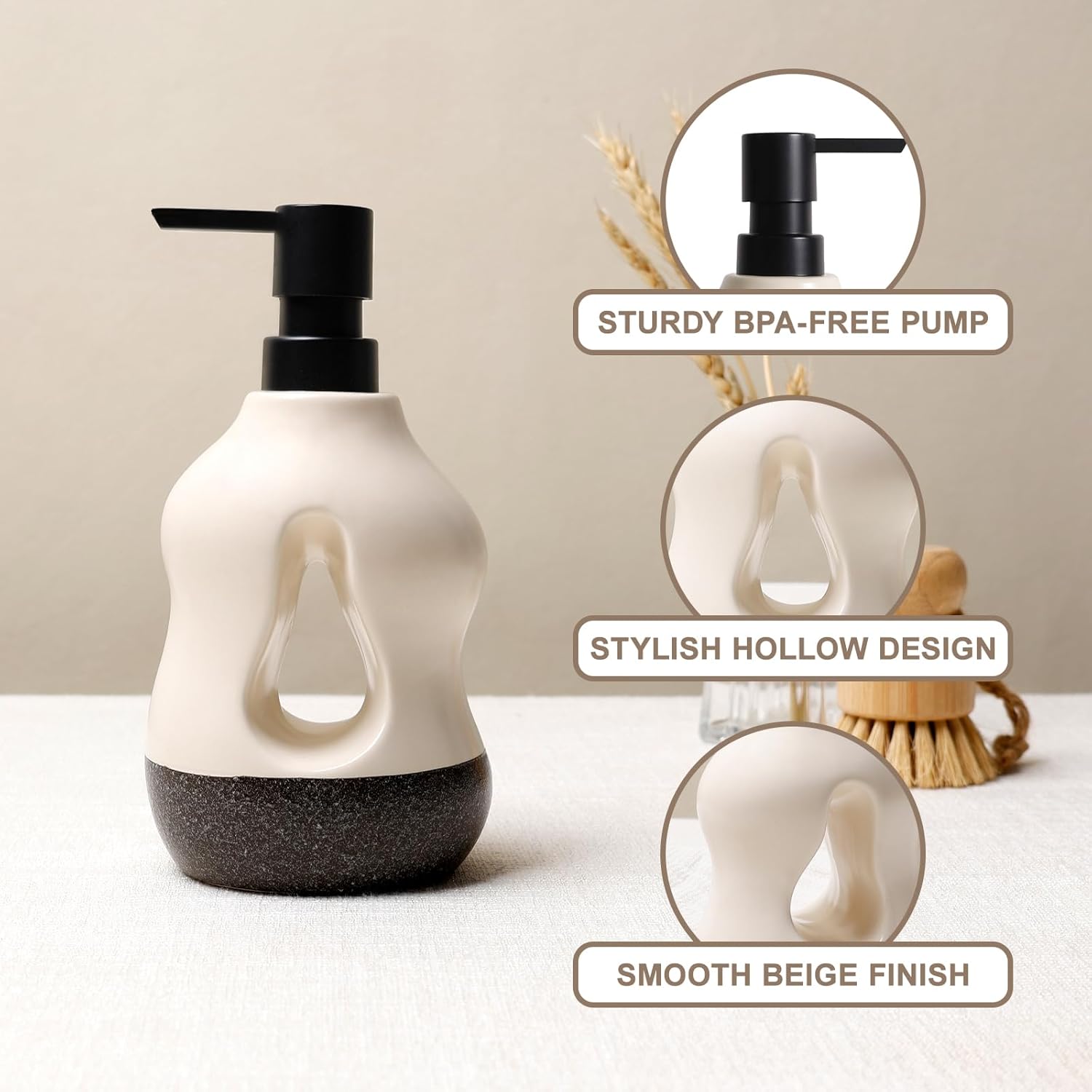 Feature highlight graphic of the BosilunLife Pebblebase sculptural liquid soap dispenser in recycled eco-clay. The two-tone ceramic bottle is shown alongside three circular inset callouts with text: 'Sturdy BPA-Free Pump' pointing to the matte black manual pump, 'Stylish Hollow Design' highlighting the organic central cutout, and 'Smooth Beige Finish' focusing on the upper ceramic body.