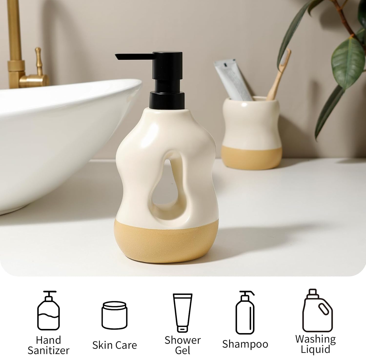 Lifestyle and infographics graphic for the BosilunLife Pebblebase liquid soap dispenser in a tan and ecru finish. The sculptural ceramic pump is styled on a white vanity beside a matching toothbrush holder and a modern washbasin. Below the product, five icons explicitly list versatile use cases: 'Hand Sanitizer', 'Skin Care', 'Shower Gel', 'Shampoo', and 'Washing Liquid', showcasing a multi-functional storage solution for the kitchen, bathroom, or laundry room.