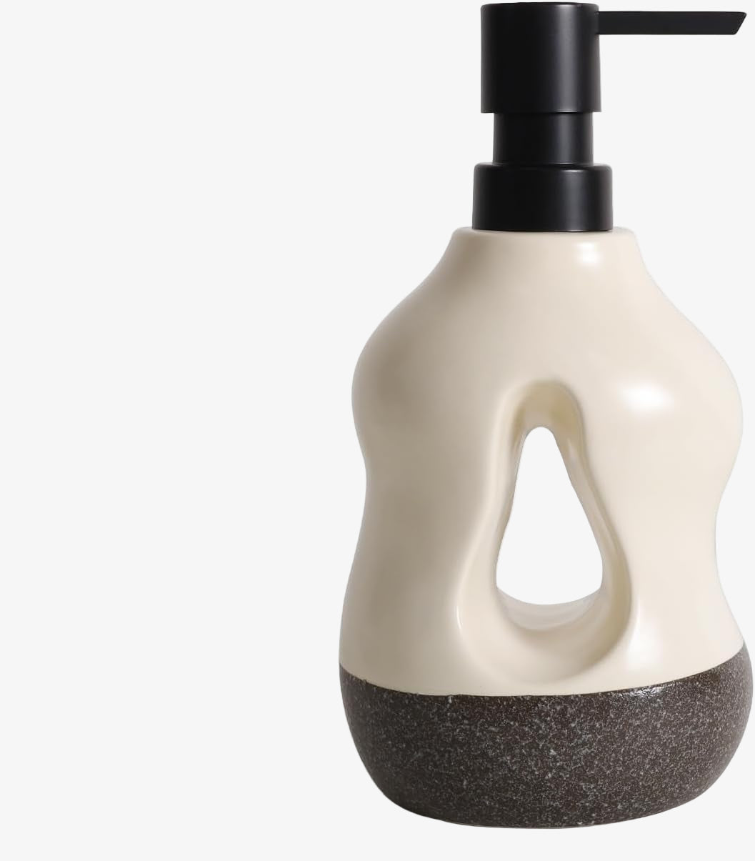 Cream-colored soap dispenser with black pump on a white background