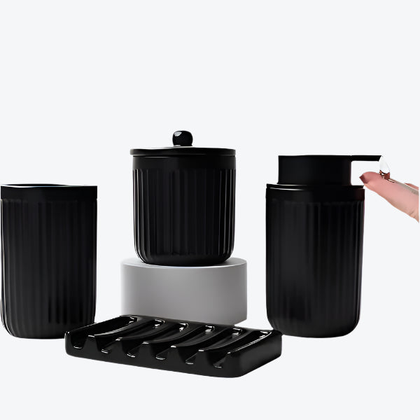 Set of black kitchen canisters with a lid on a white background