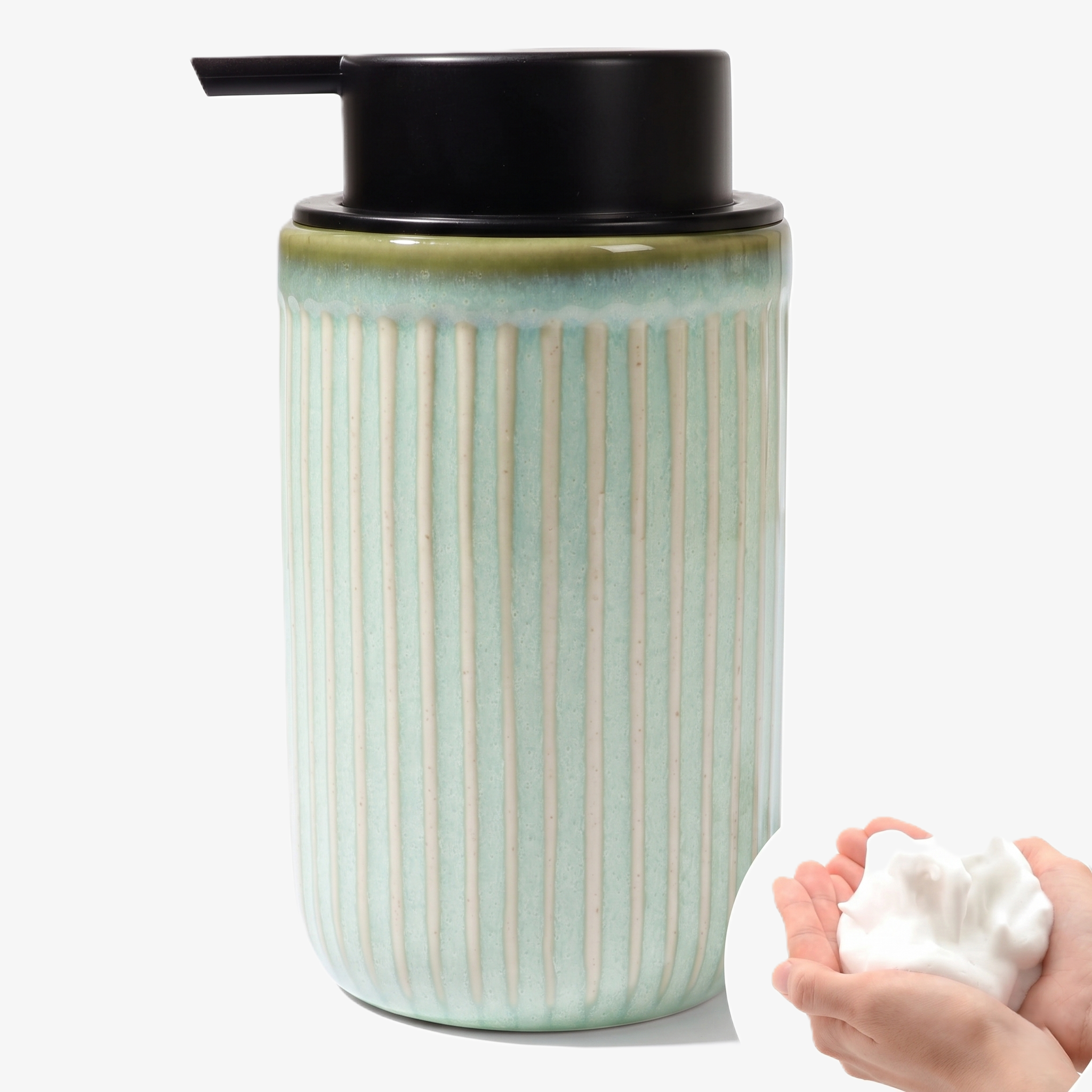 BosilunLife Pockmark 12 oz foaming soap dispenser in light green recycled eco-clay. Features a vertically ribbed volcanic stone texture with a contrasting matte black pump and an inset showing thick white foam in a hand.
