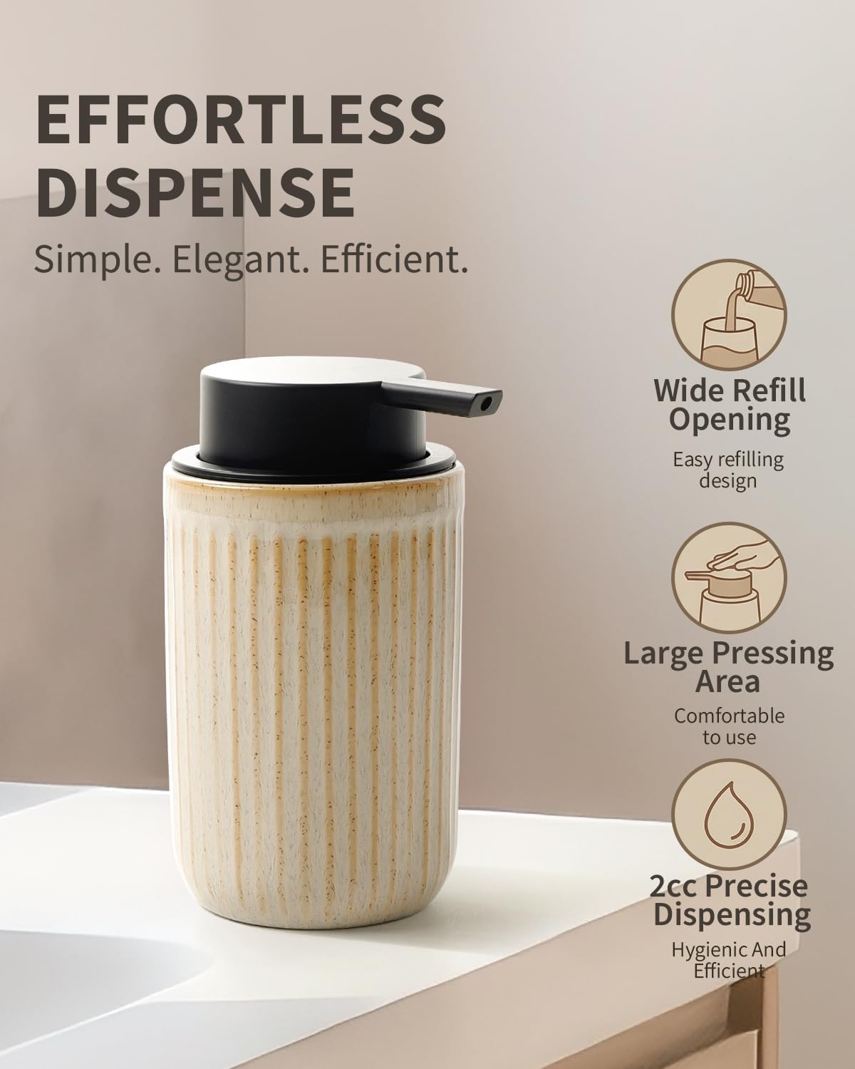 Feature infographic for the BosilunLife 12 oz liquid soap dispenser in greige eco-clay. The guide highlights an effortless dispense design, wide refill opening for easy filling, a large pressing area for comfort, and a 2cc precise dispensing pump for hygienic and efficient soap use.