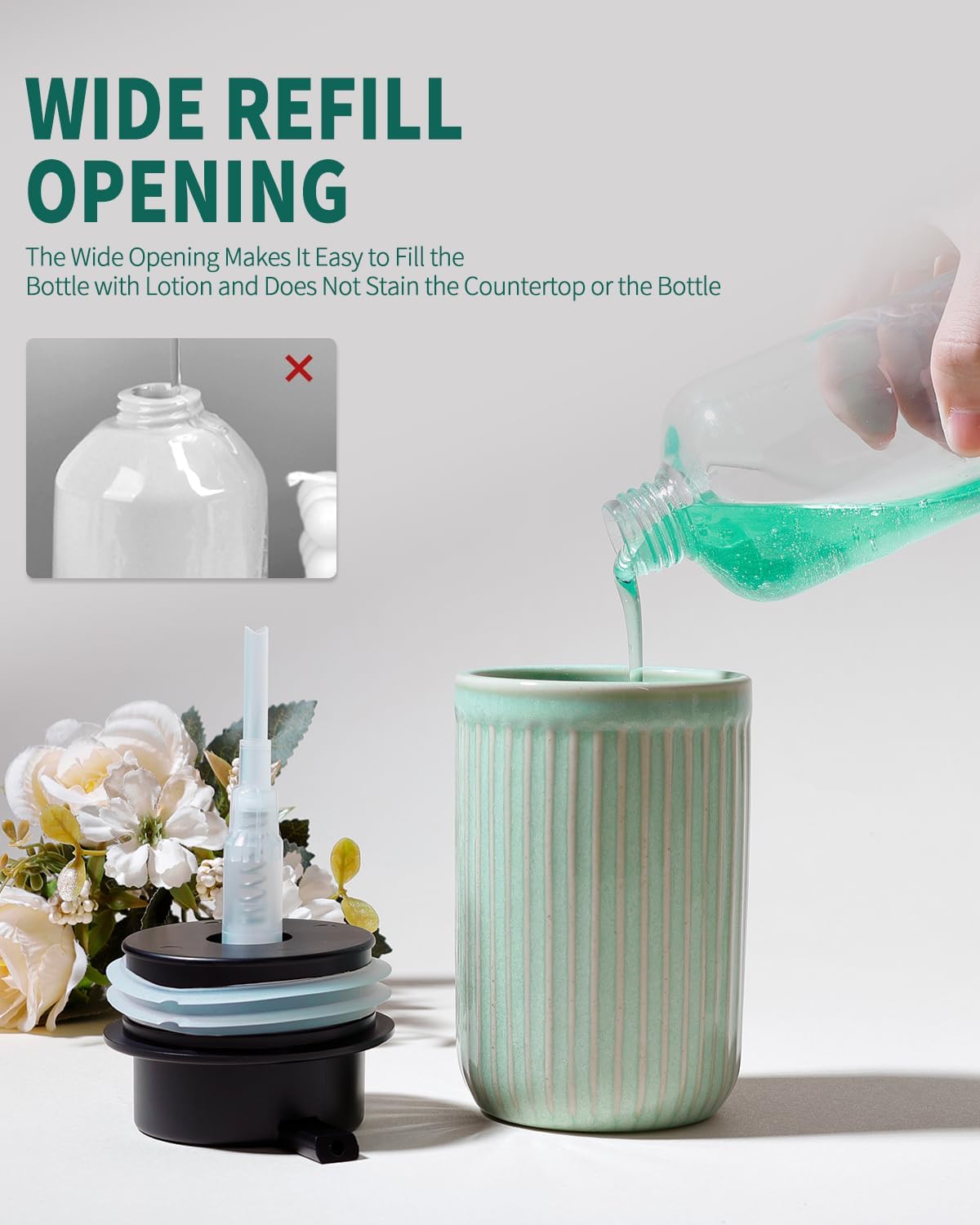 A comparison graphic showing the BosilunLife light green soap dispenser's wide refill opening vs. a traditional narrow-neck bottle. The image demonstrates easy, spill-free filling of liquid soap into the wide ceramic bottle mouth, preventing countertop stains and highlighting the functional design.