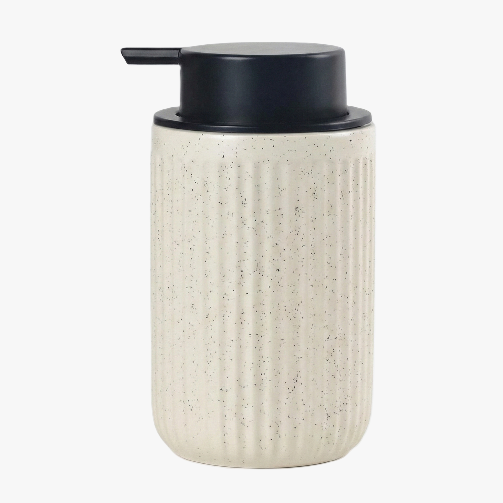 BosilunLife Pockmark 12 oz liquid soap dispenser in speckled beige recycled eco-clay. Features a vertically ribbed volcanic stone texture with a matte black liquid pump head, designed for modern organic and wabi-sabi bathroom decor.