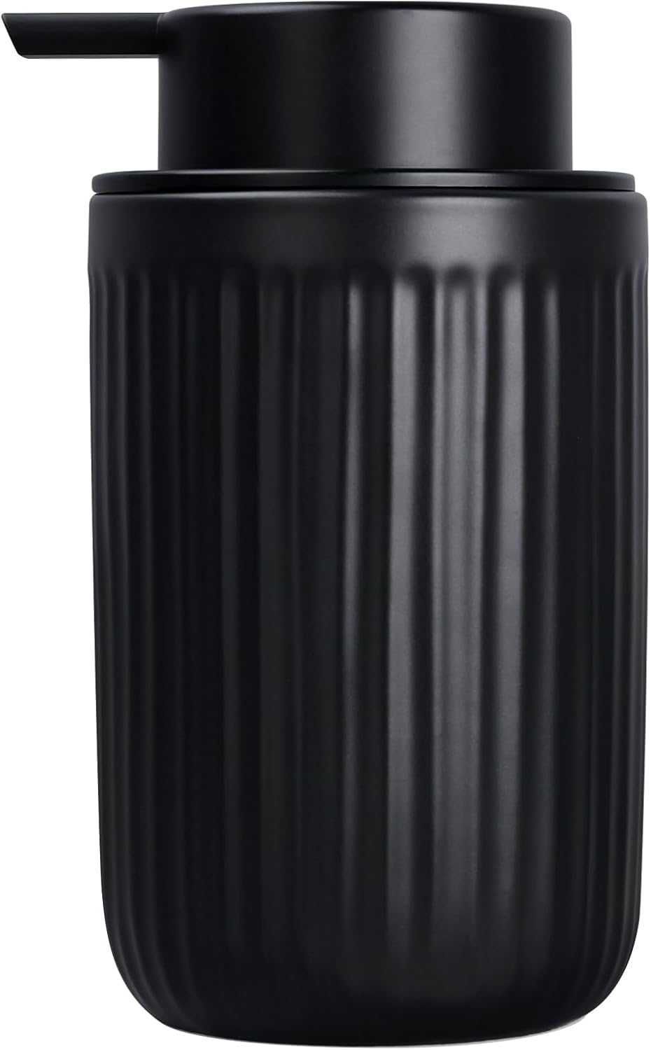 BosilunLife Pockmark 12 oz liquid soap dispenser in matte black recycled eco-clay. Features a vertically ribbed volcanic stone texture with a matching matte black liquid pump head, designed for minimalist modern bathroom and kitchen decor.