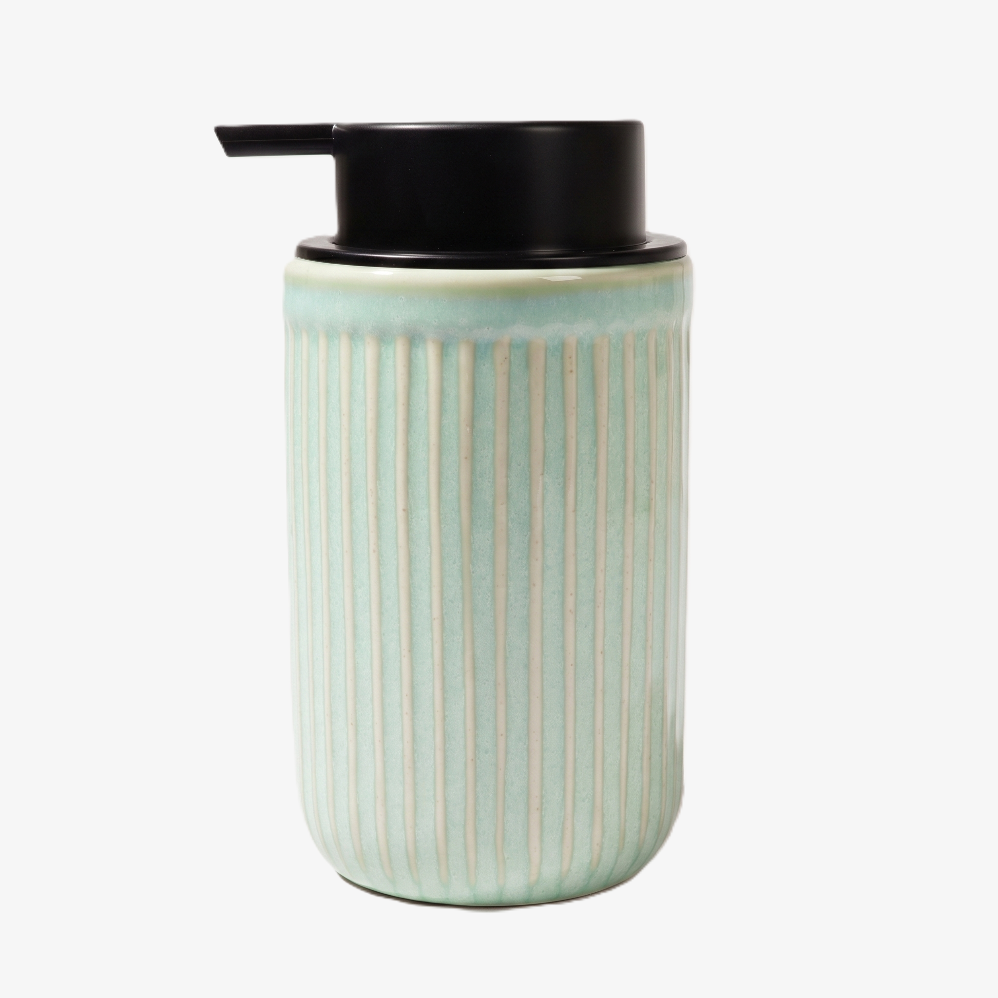 BosilunLife Pockmark 12 oz liquid soap dispenser in light green recycled eco-clay. Features a vertically ribbed volcanic stone texture with a contrasting matte black liquid pump head, ideal for nature-inspired, minimalist, and sage green bathroom decor.