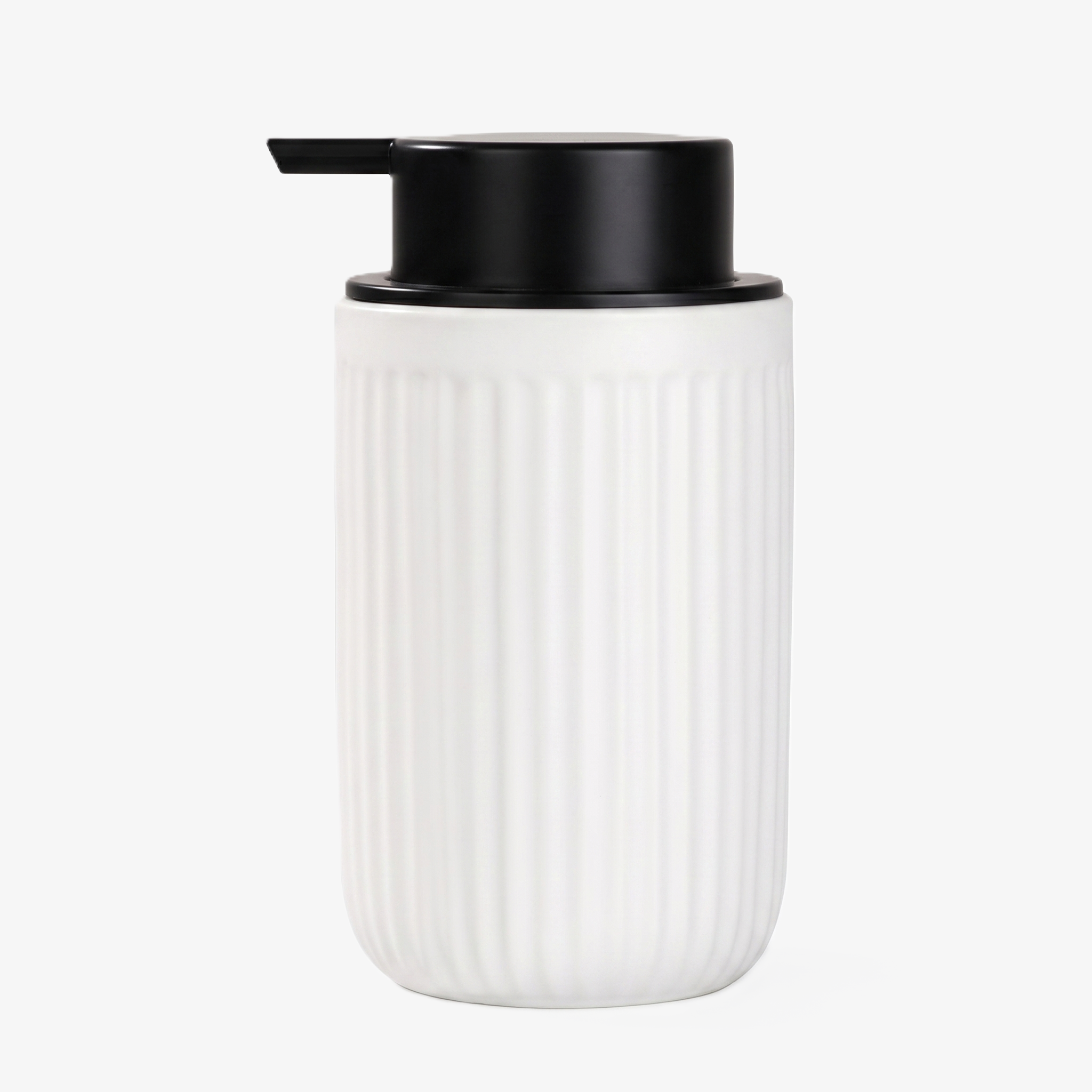 BosilunLife Pockmark 12 oz liquid soap dispenser in crisp white recycled eco-clay. Features a vertically ribbed volcanic stone texture with a contrasting matte black liquid pump head, perfect for clean minimalist, modern farmhouse, and Scandi bathroom decor.