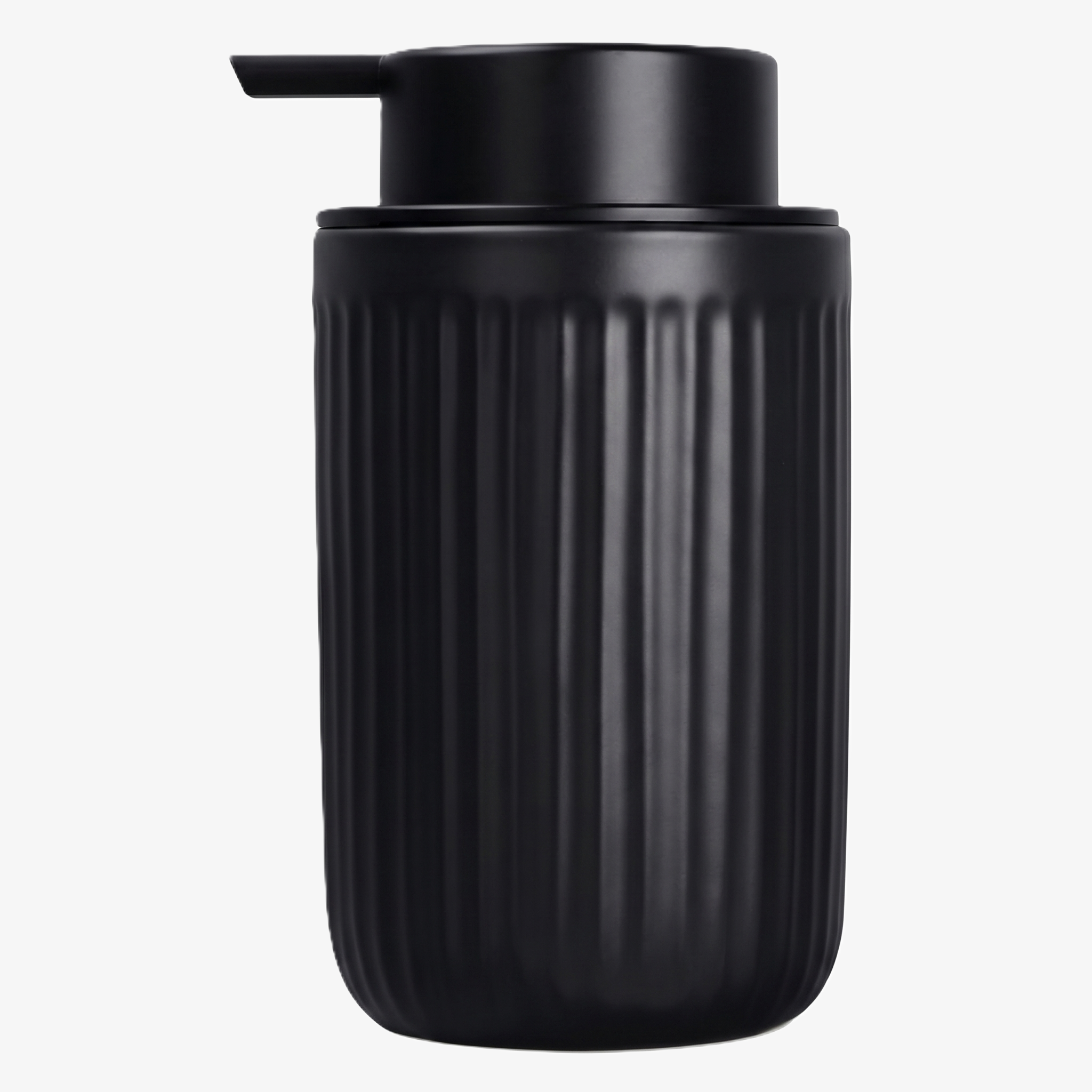 BosilunLife Pockmark 12 oz liquid soap dispenser in matte black recycled eco-clay. Features a vertically ribbed volcanic stone texture with a matching matte black liquid pump head, designed for minimalist modern bathroom and kitchen decor.
