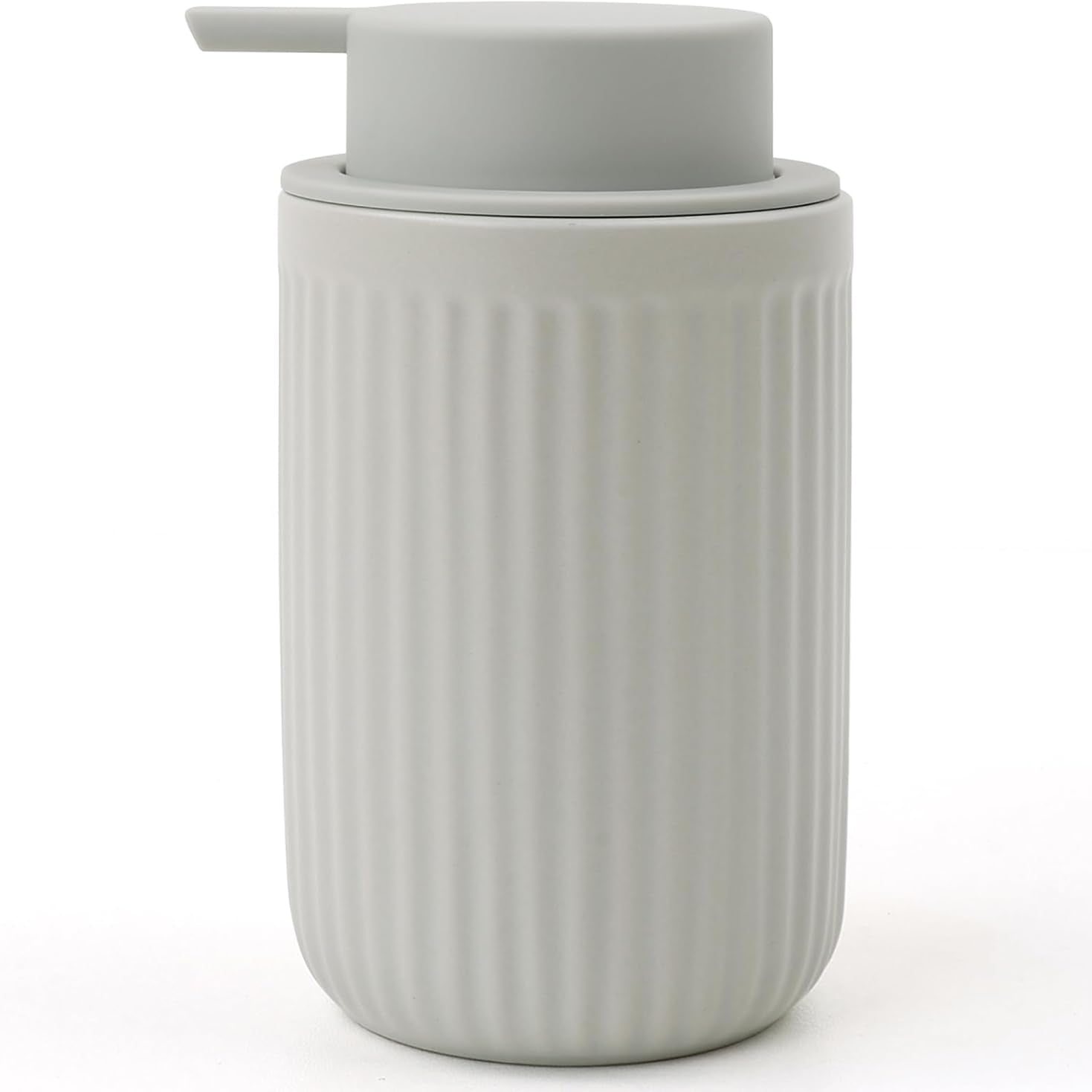 Gray ceramic soap dispenser with pump on a white background