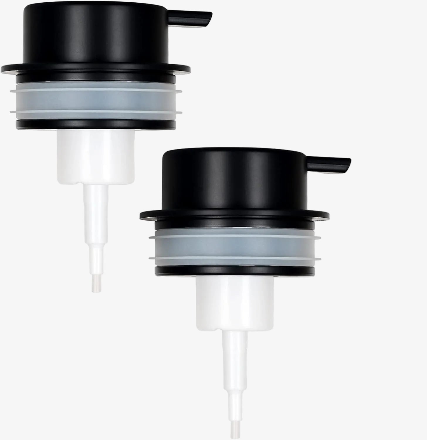 A pair of BosilunLife black replacement pumps for 12 oz recycled eco-clay soap dispensers. The high-quality matte black hardware features a leak-proof silicone seal and a durable pump mechanism, designed to extend the life of your sustainable bathroom accessories.