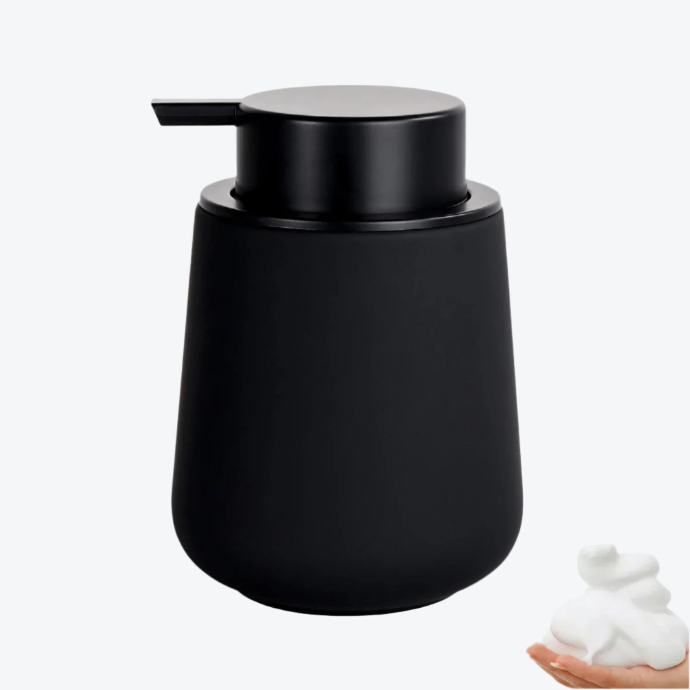 Black soap dispenser with a pump on a white background