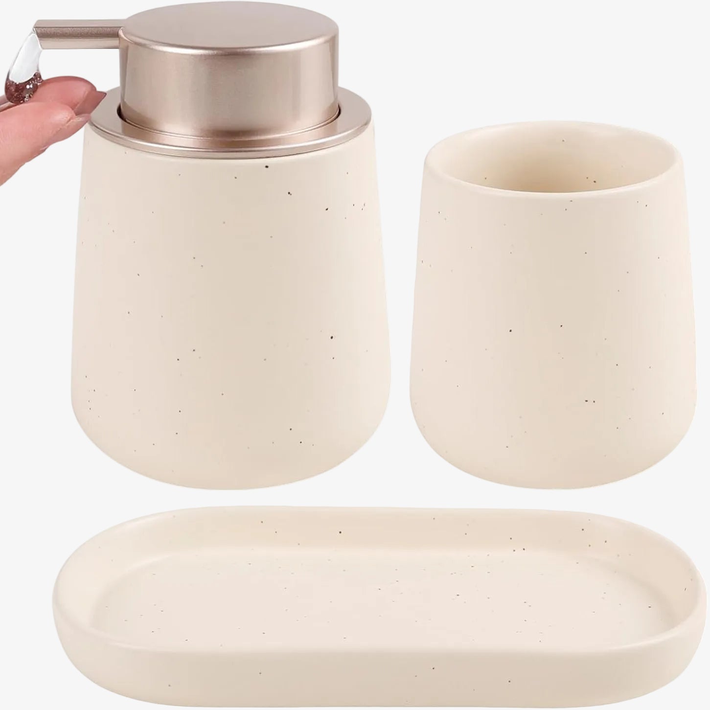 BosilunLife 3-piece liquid bathroom organisation set in a textured 'Pockmark Cream' finish, crafted from GRS-certified recycled ceramic eco-clay. The ensemble features an organic rounded liquid dispenser with a brushed champagne gold pump actively dispensing soap, a matching speckled tumbler, and a coordinating vanity tray. This 'Quiet Luxury' design reflects Scandinavian functionality and a commitment to a sustainable circular economy, providing a cohesive and elegant storage solution for modern washrooms.