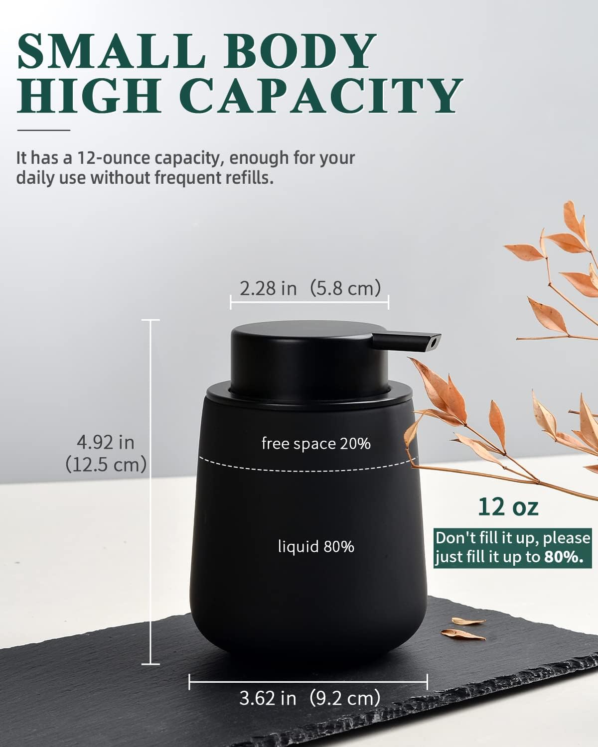 Black soap dispenser with measurements and capacity details on a white background