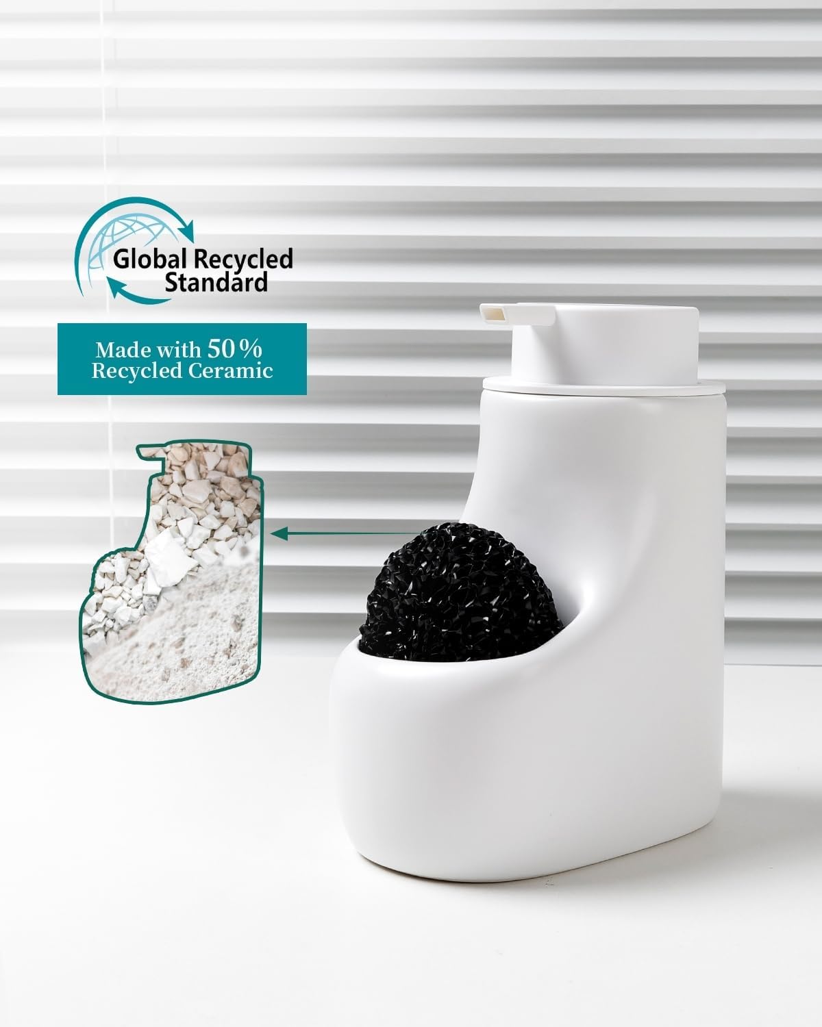 BosilunLife Scandi Grove Foaming Soap Dispenser w/ Sponge Holder Recycled Eco-Clay 15.55 oz