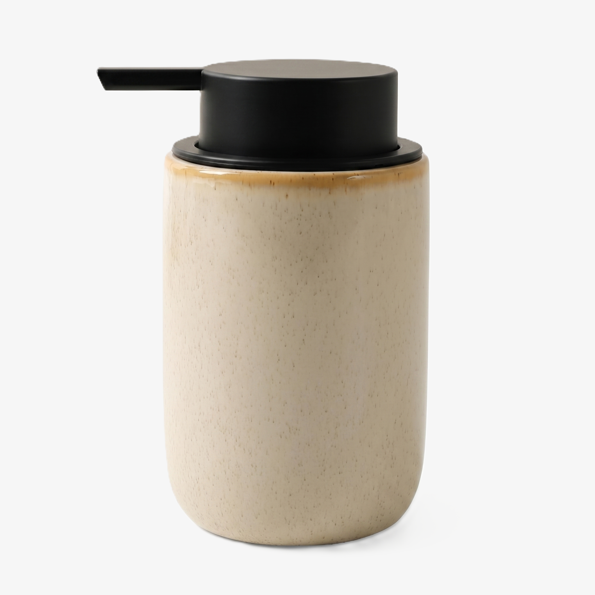 A BosilunLife 12 oz (350ml) slim liquid soap dispenser in a speckled greige finish with a warm glazed rim and a contrasting matte black pump. Crafted from GRS-certified recycled ceramic eco-clay, this slender organic vessel reflects Scandinavian functionality and a commitment to a water-saving circular economy. Its narrow profile and earthy palette make it a sophisticated organisation solution for compact washrooms and Japandi-inspired vanity surfaces.