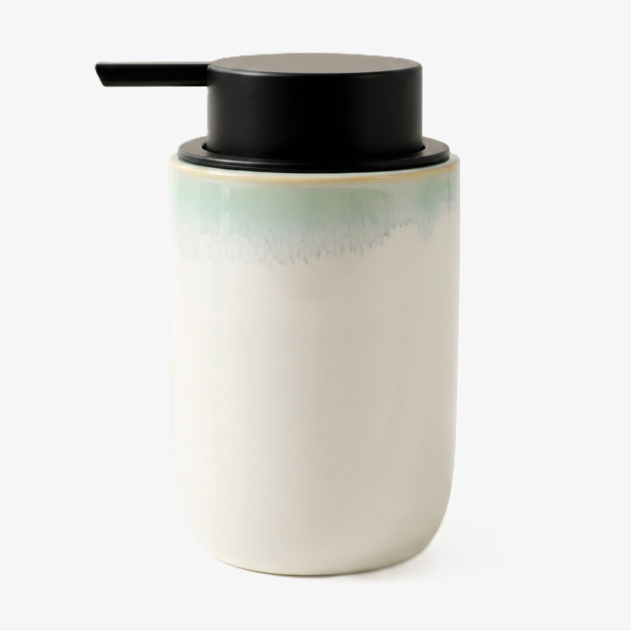 A BosilunLife 12 oz (350ml) slim liquid soap dispenser featuring a smooth white base with a reactive blue-glazed rim and a contrasting matte black pump. Crafted from GRS-certified recycled ceramic eco-clay, this slender organic vessel reflects Scandinavian functionality and a commitment to a water-saving circular economy. Its narrow profile and artisan, coastal-inspired palette make it a sophisticated space-saving organisation solution for compact washrooms and modern vanity surfaces.