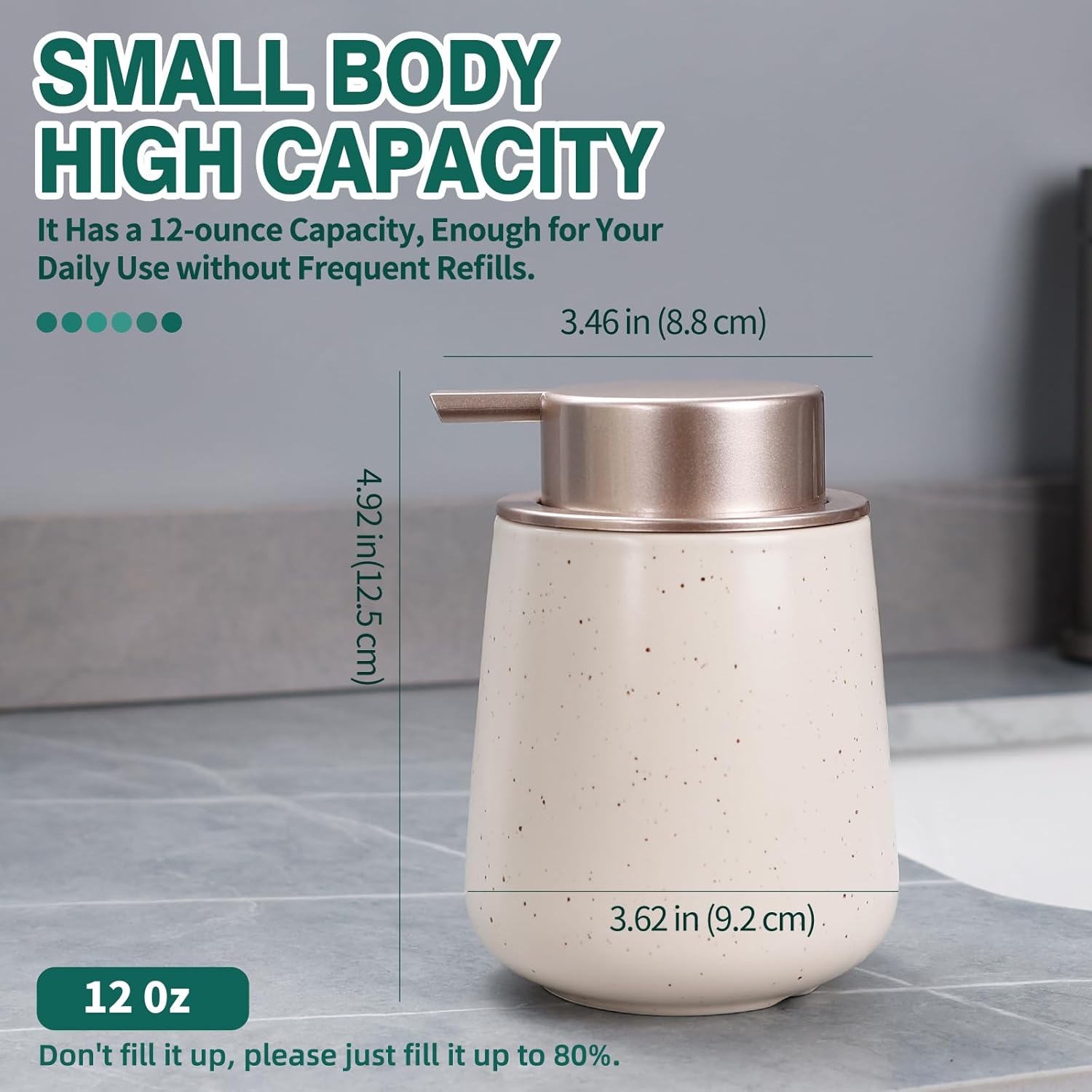 Beige soap dispenser with measurements and capacity details on a gray surface.