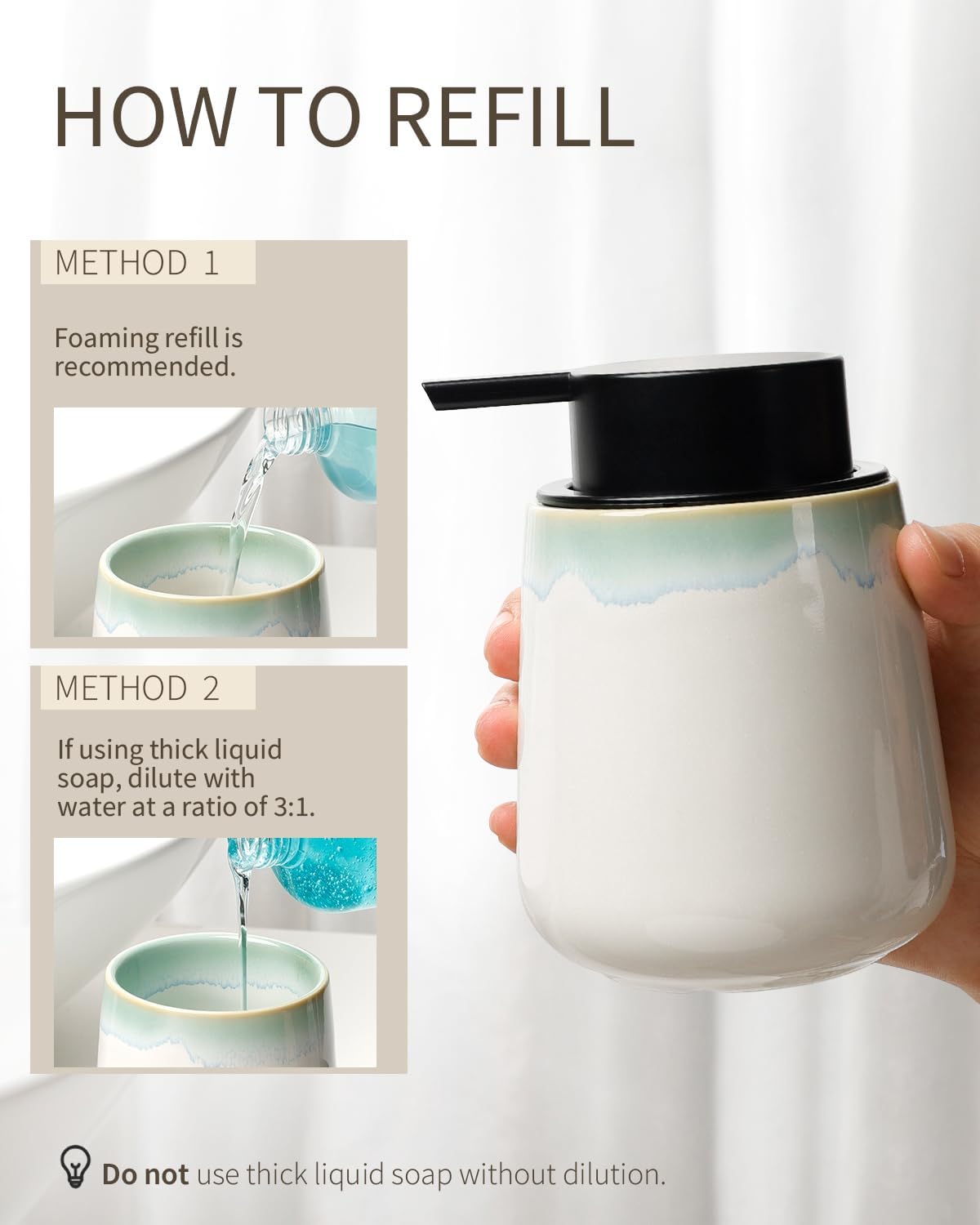 Instructional 'How to Refill' graphic for the BosilunLife 12 oz foaming soap dispenser in 'White with Blue-green Rim', crafted from GRS-certified recycled eco-clay. The guide details two methods: Method 1 recommends using pre-made foaming refills, while Method 2 explains the 3:1 water-to-soap dilution ratio required for thick liquid soaps. Visuals highlight the wide-mouth opening for easy pouring, reflecting Scandinavian functionality and a commitment to a sustainable, water-saving circular economy.