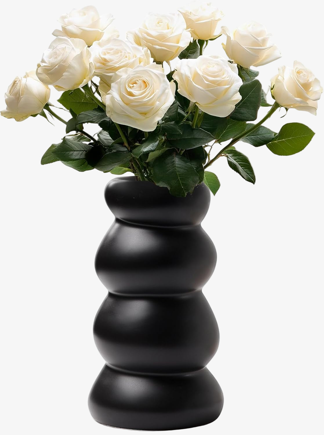 Black vase with white roses on a white background
