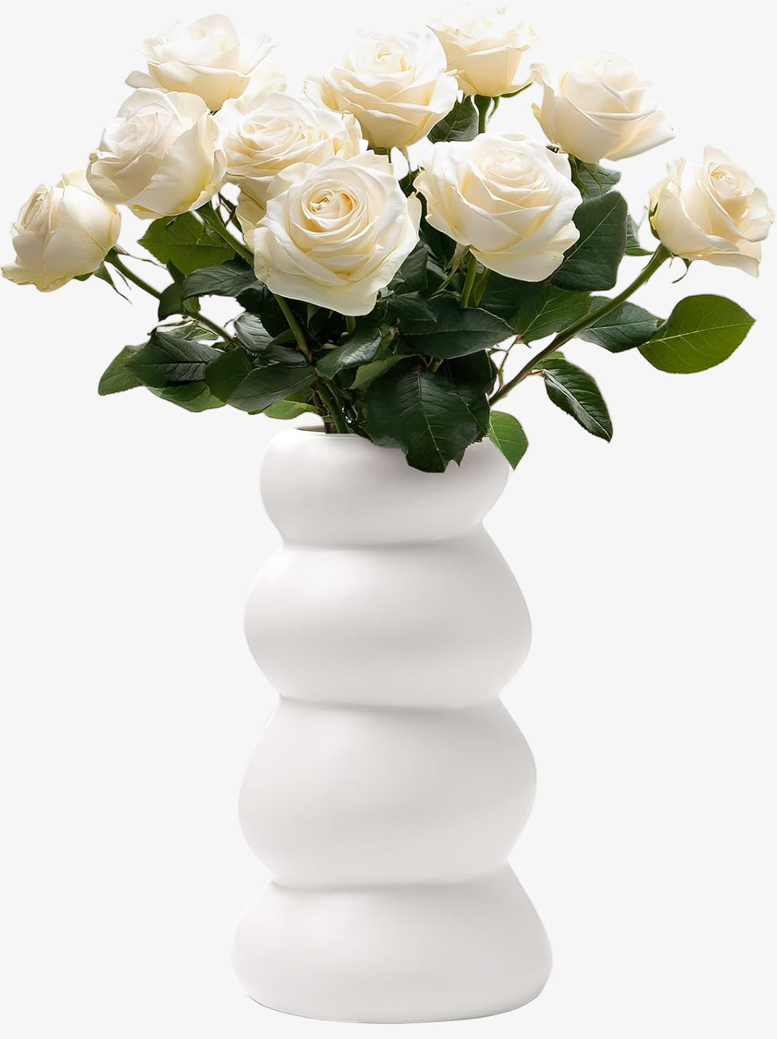 White vase with white roses on a white background