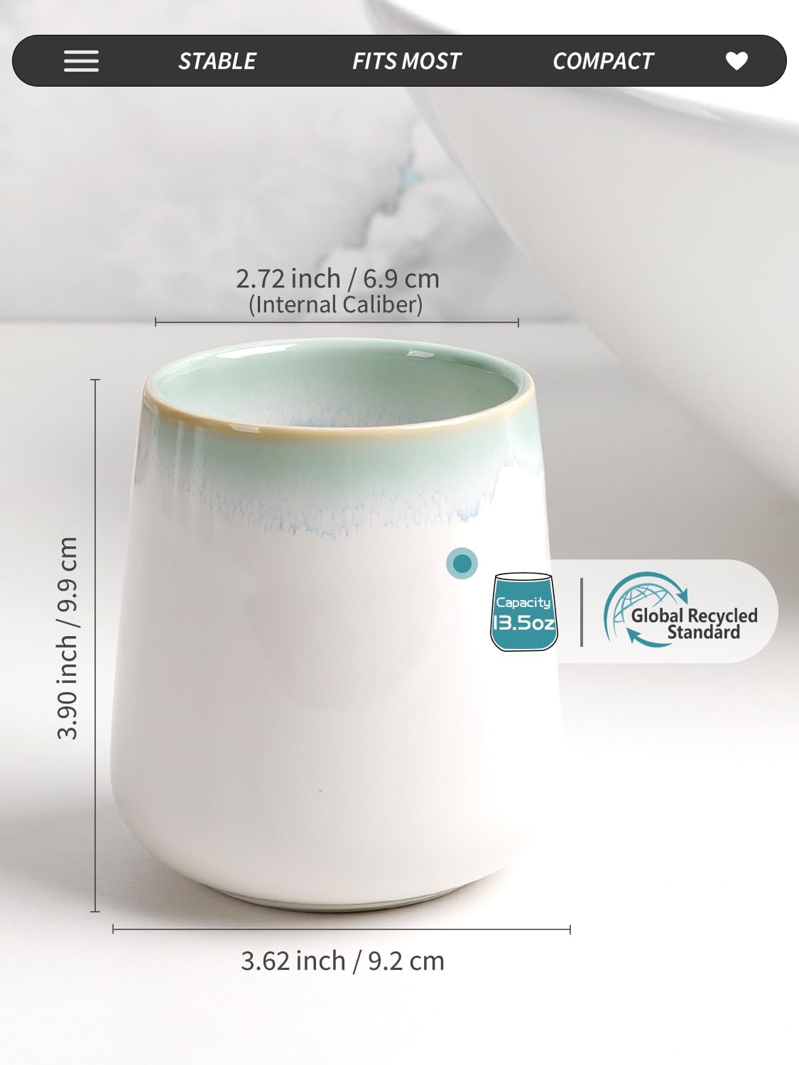 Technical dimension graphic for the BosilunLife eco-luxury bathroom tumbler. Crafted from GRS-certified recycled ceramic eco-clay, the vessel stands 3.90 inches (9.9 cm) tall with a base width of 3.62 inches (9.2 cm) and an internal caliber of 2.72 inches (6.9 cm). A capacity icon confirms a generous 13.5 oz volume. The design features a smooth white body with a soft sage green ombre rim, blending Scandinavian functionality with the quiet balance of nature to support a sustainable circular economy.