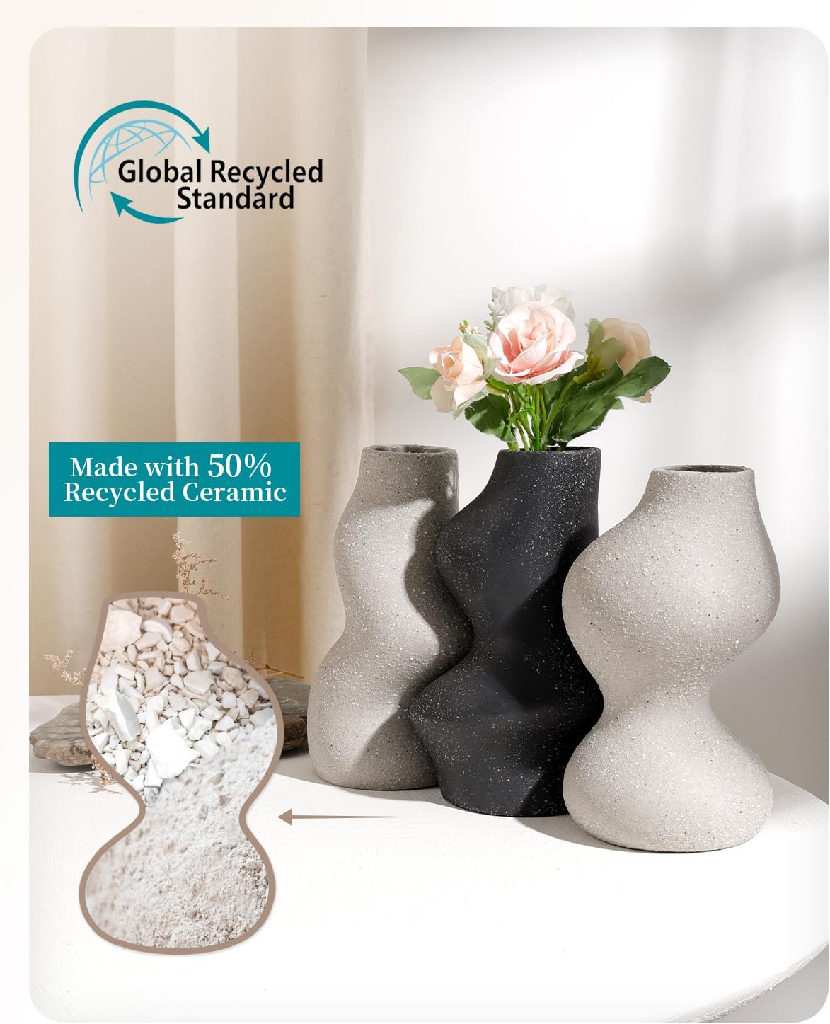 BosilunLife Wabi-Sabi Flower Vases Set of 3 Recycled Eco-Clay