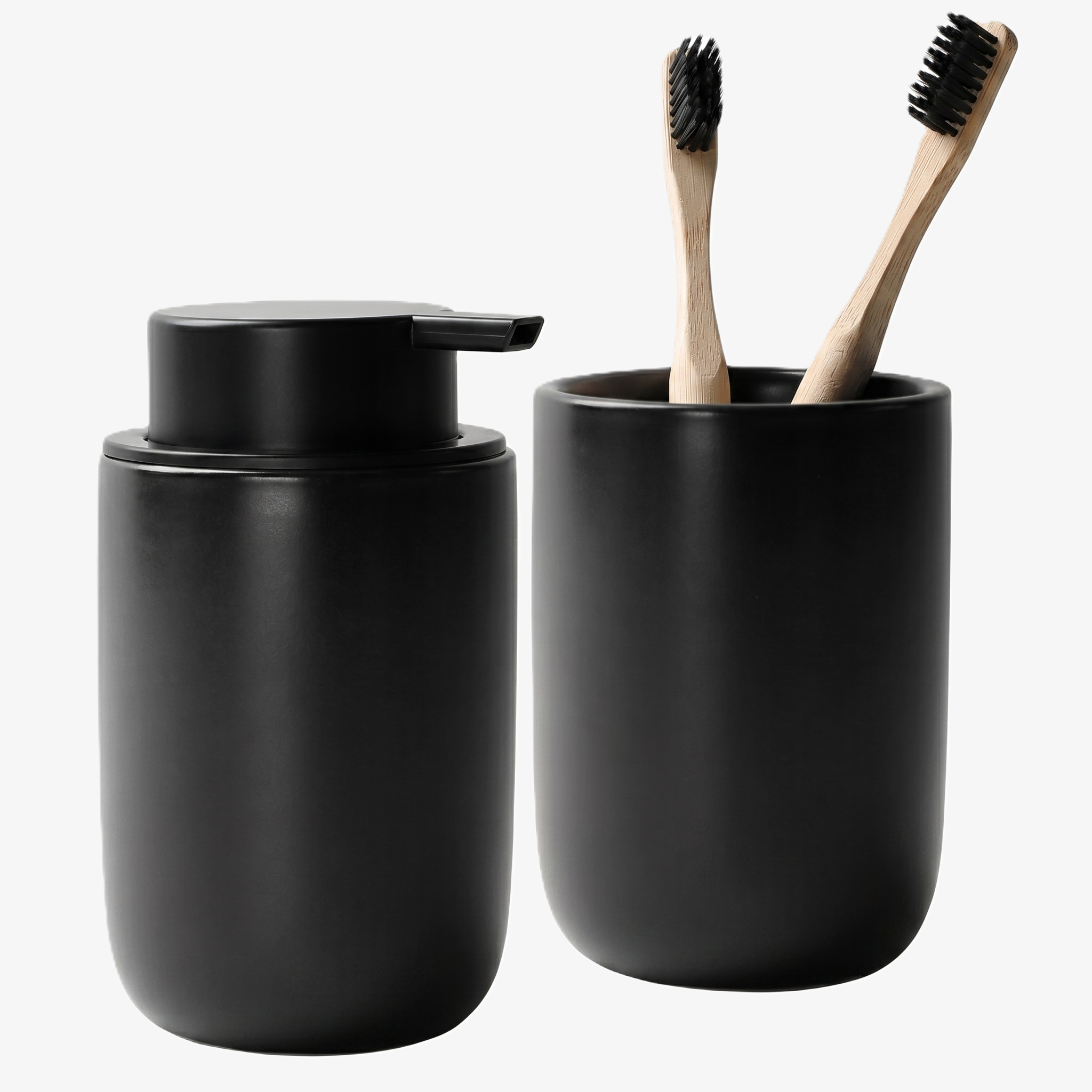 BosilunLife minimalist matte black slim soap dispenser and toothbrush holder set made of smooth recycled eco-clay. The space-saving ceramic bathroom duo holds two bamboo toothbrushes with matching black bristles, designed for narrow modern vanities.