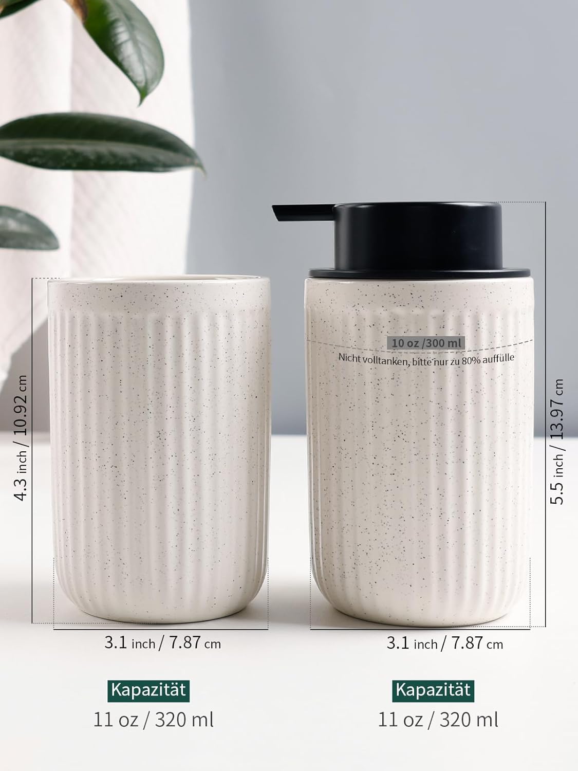 Dimensions and capacity diagram for the BosilunLife speckled ribbed white recycled eco-clay slim bathroom set. The 11oz (320ml) toothbrush holder and liquid soap dispenser are both 3.1 inches wide, with heights of 4.3 inches and 5.5 inches respectively, including a warning to fill the soap to 10oz (80%) to avoid overfilling.