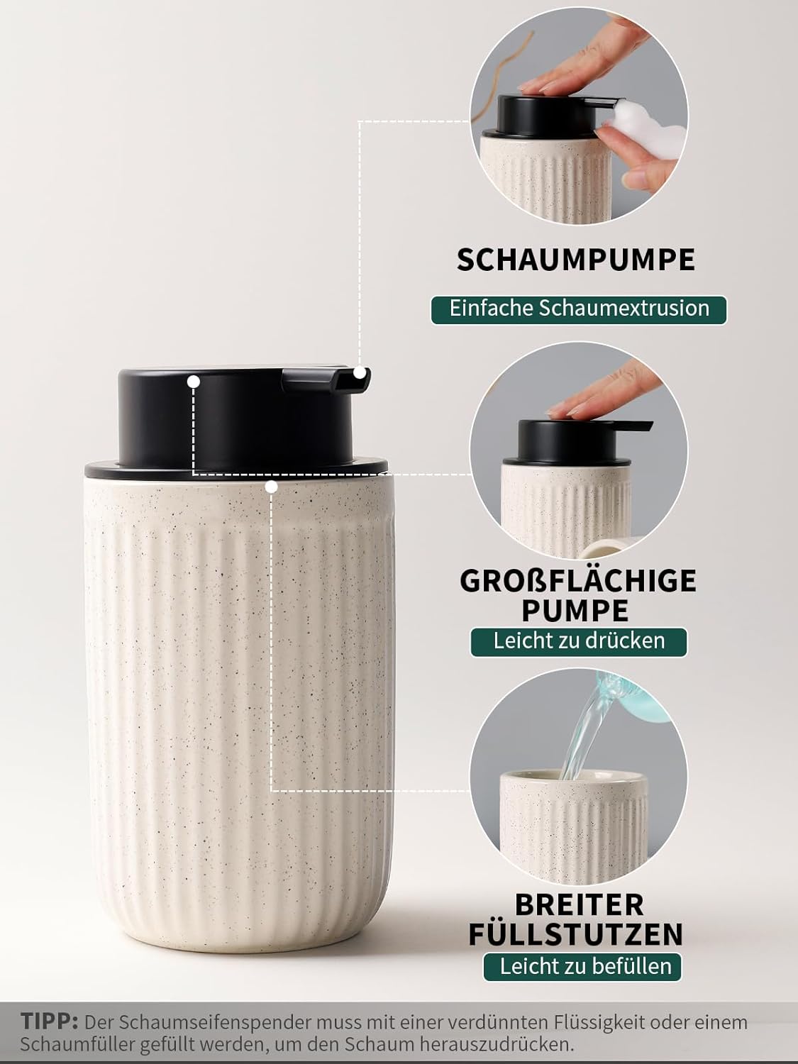 Feature guide for the BosilunLife speckled ribbed white recycled eco-clay foaming soap dispenser. The diagram highlights an easy-extrusion foam pump, an ergonomic wide black top for easy pressing, and a wide-mouth opening for simple refilling, including a tip to strictly use pre-mixed foam or diluted liquid soap.