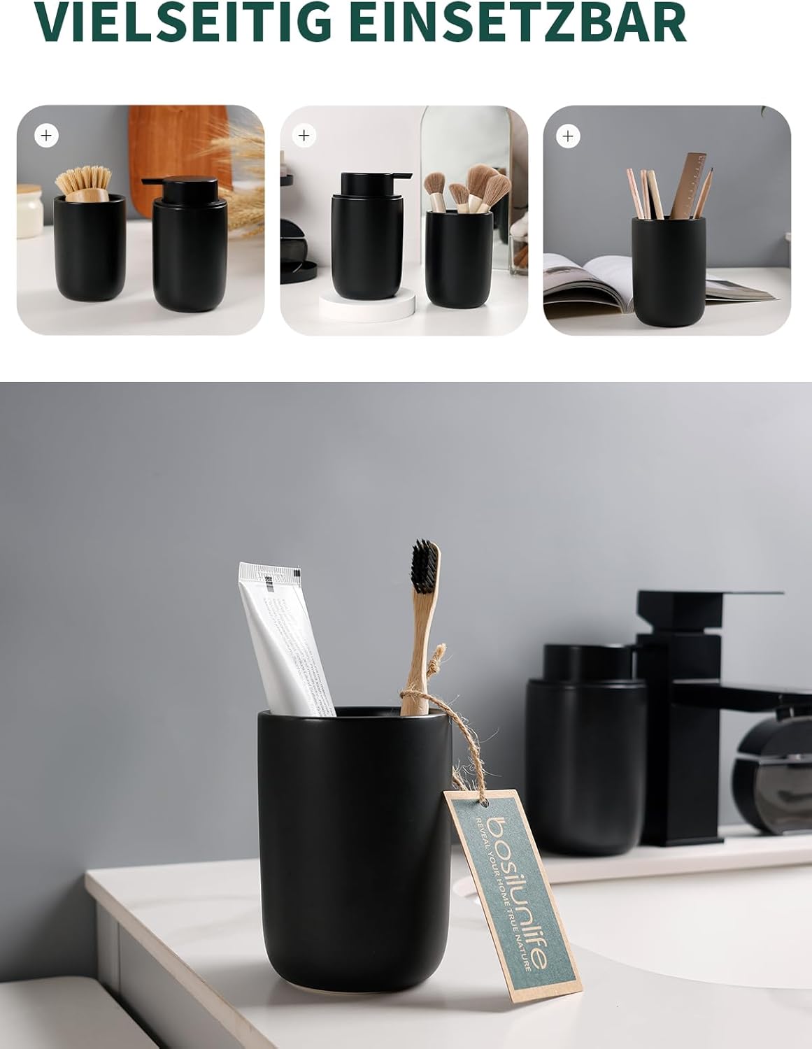 Versatility guide for the BosilunLife black eco-clay slim set, showing the ceramic holder used for kitchen dish brushes, makeup brushes, office pens, and bathroom toothbrushes alongside the matching soap dispenser.