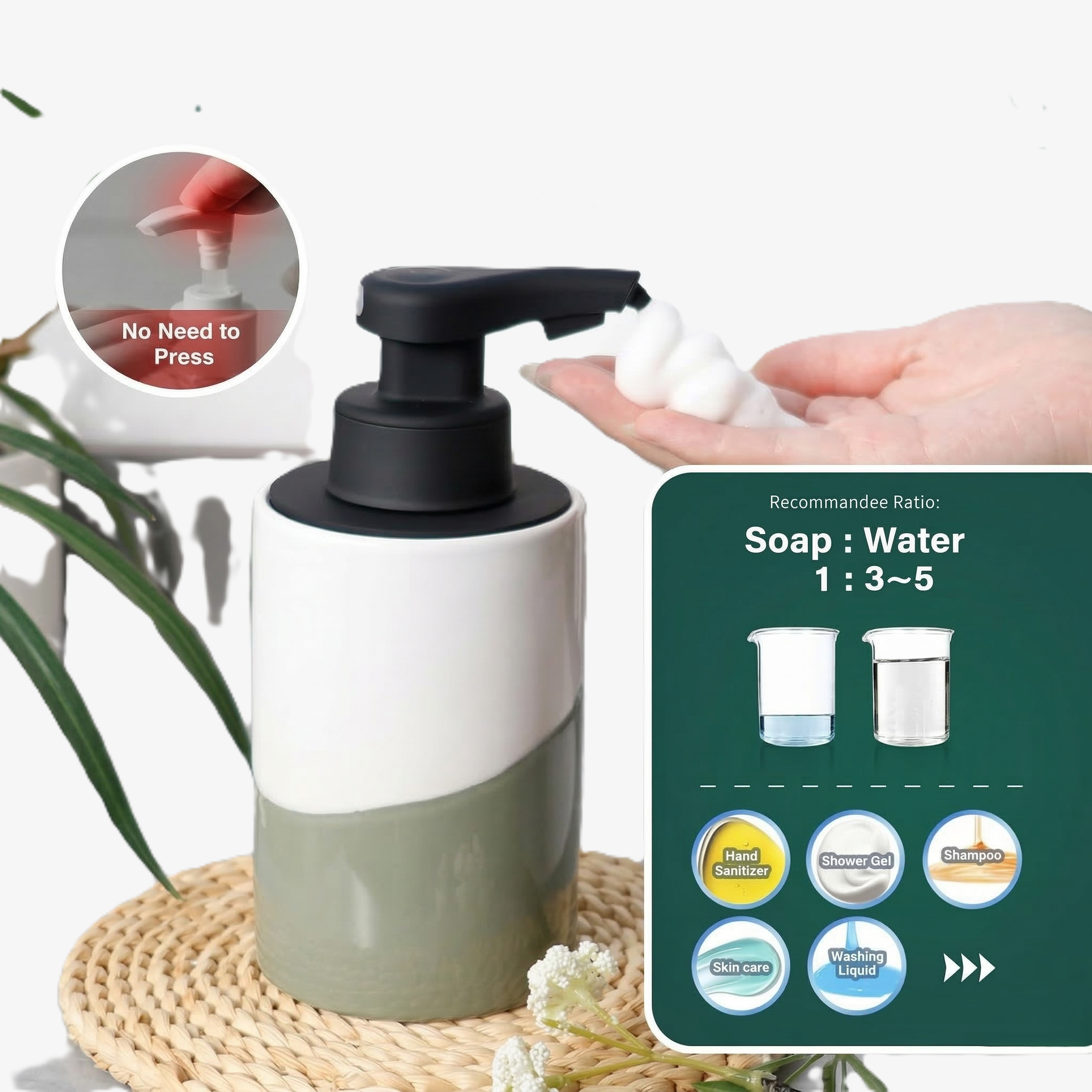 BosilunLife Nordic Garden Automatic Foaming Soap Dispenser Recycled Eco-Clay 10 oz