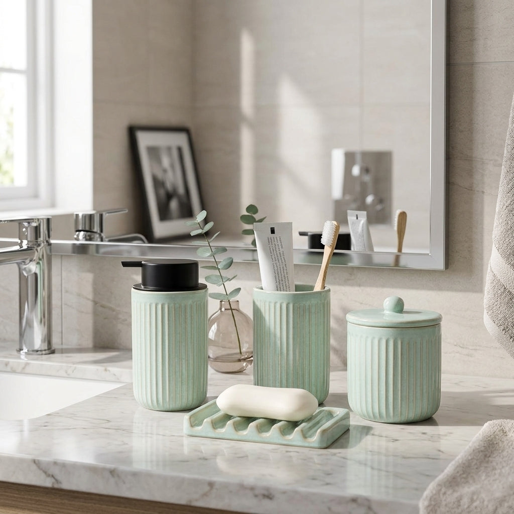 BosilunLife Light Green Pockmark Foaming Bathroom Set 4-Piece Recycled RebornClay™